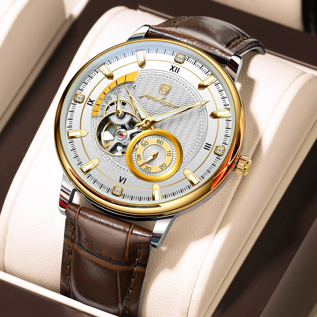 POEDAGAR Sports Luxury Men Clock Waterproof Luminous Man Watch Hollow Tourbillon Automatic Mechanical Leather Men's Watches Male