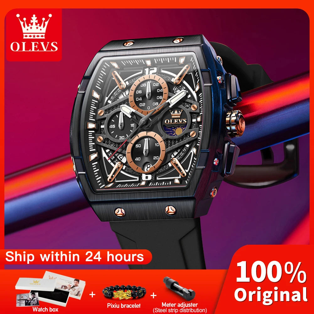 OLEVS 2975 New Mens Watch Quartz Watch ﻿Multifunctional Chronograph Waterproof Luminous Watches Moon Phase Silicone Strap Reloj