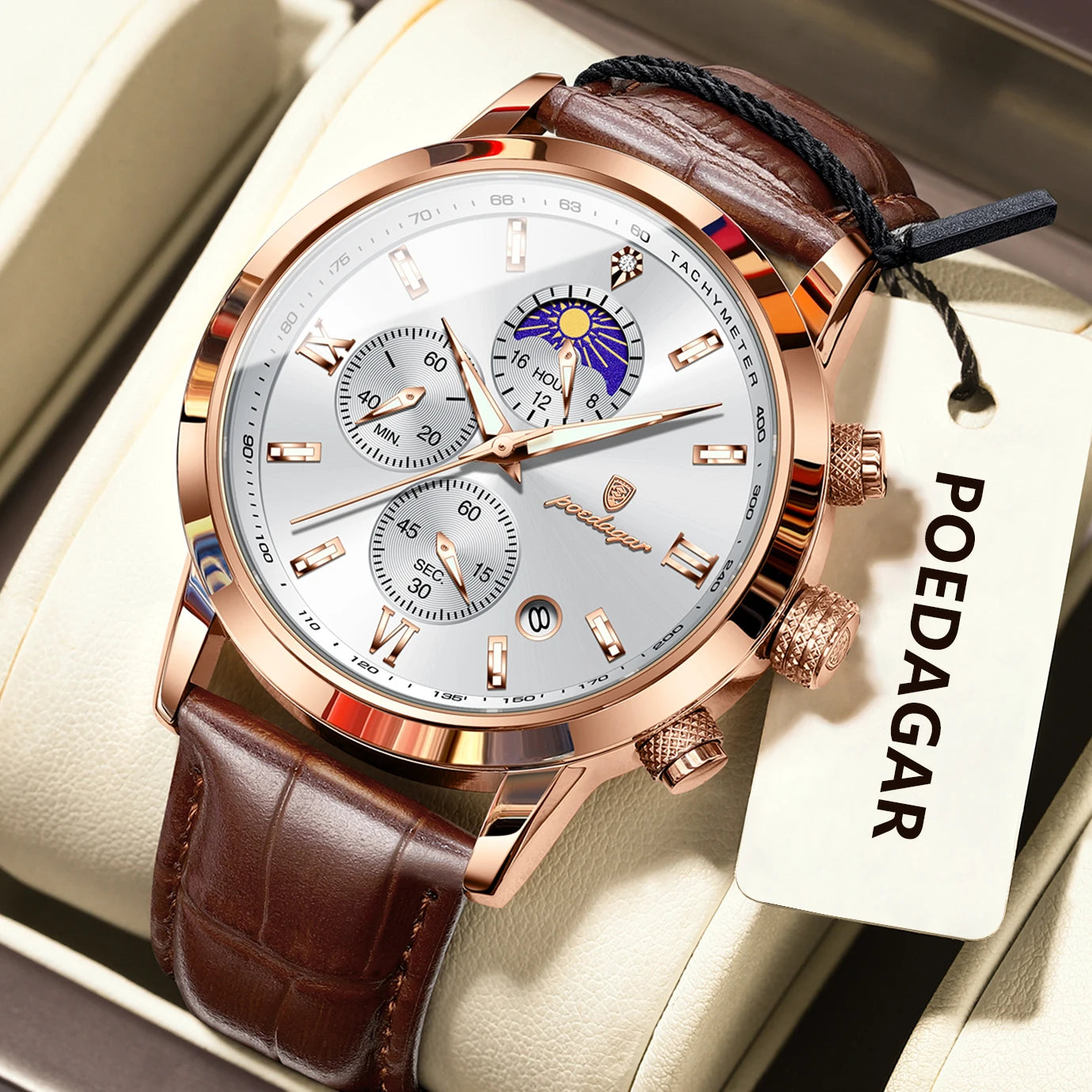 POEDAGAR Original Business Men's Wristwatch Chronograph Date Luminous Waterproof Man Watch Leather Luxury Quartz Watches For Men
