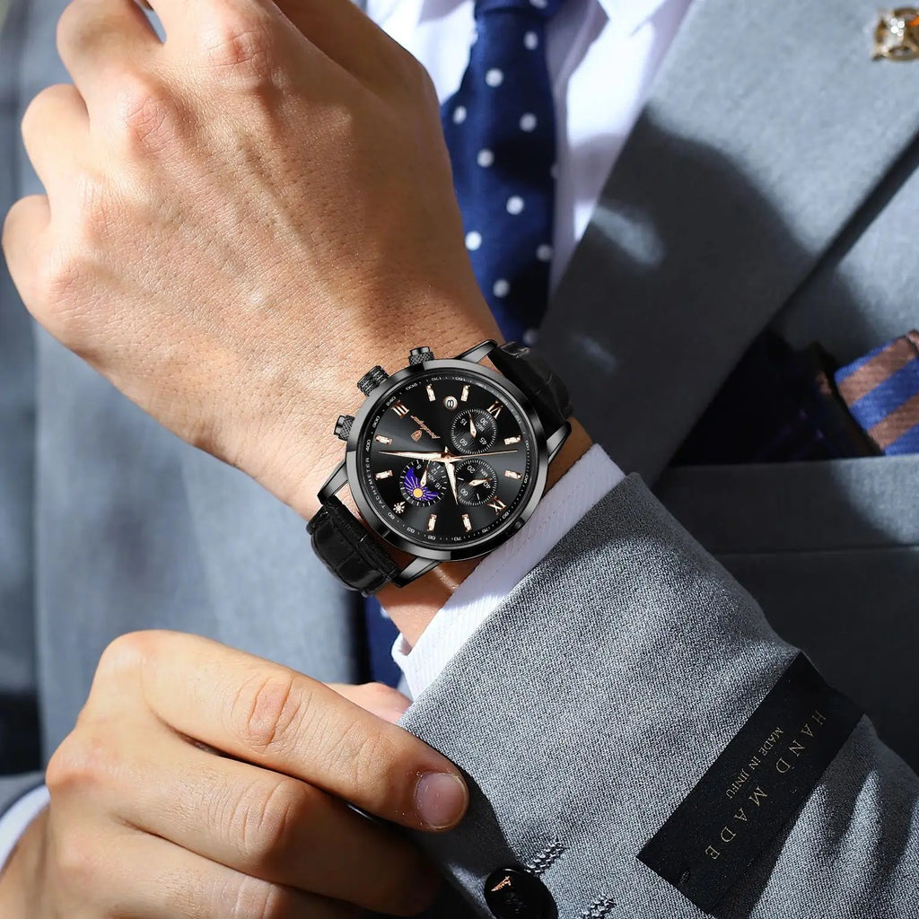 POEDAGAR Original Business Men's Wristwatch Chronograph Date Luminous Waterproof Man Watch Leather Luxury Quartz Watches For Men