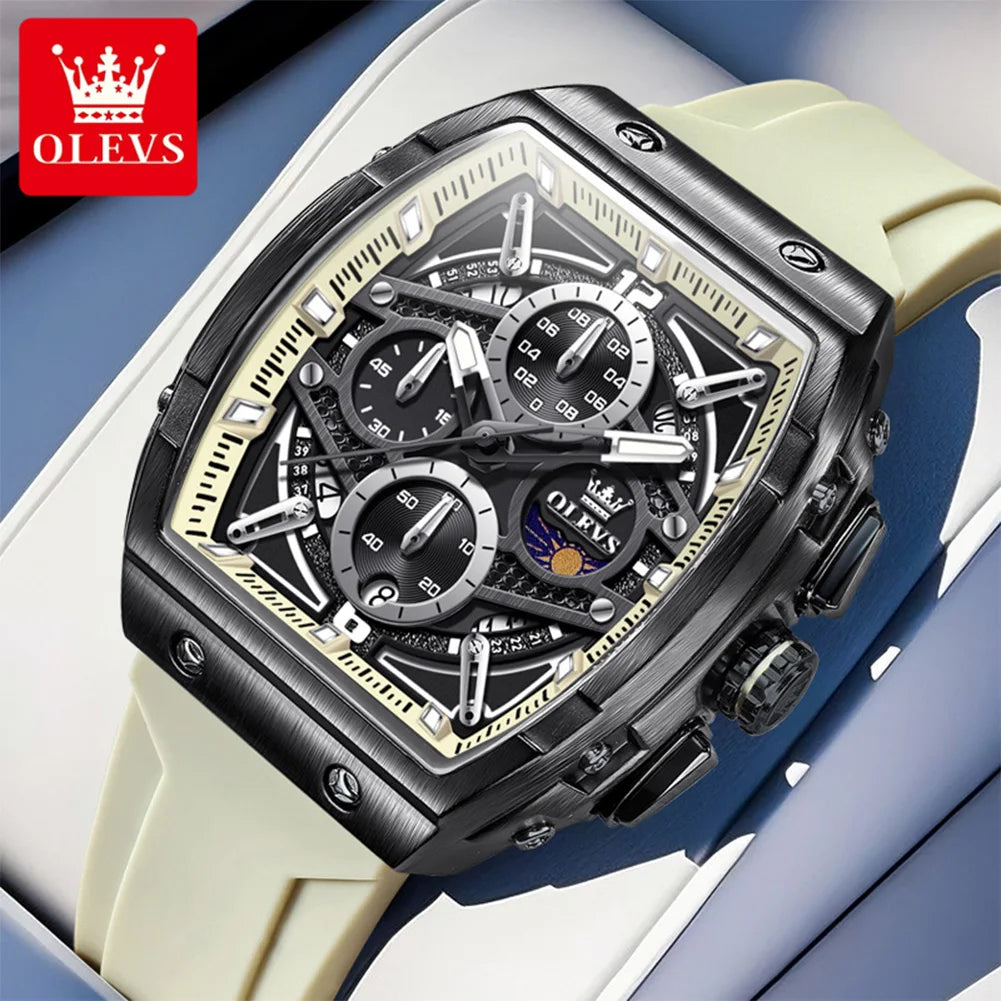 OLEVS 2975 New Mens Watch Quartz Watch ﻿Multifunctional Chronograph Waterproof Luminous Watches Moon Phase Silicone Strap Reloj