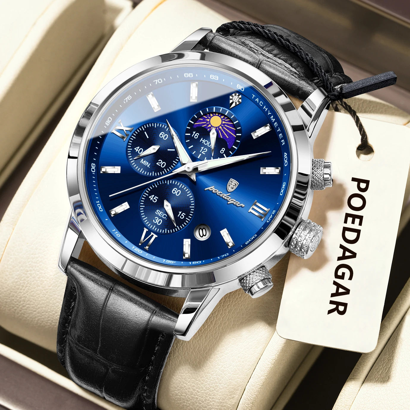 POEDAGAR Original Business Men's Wristwatch Chronograph Date Luminous Waterproof Man Watch Leather Luxury Quartz Watches For Men