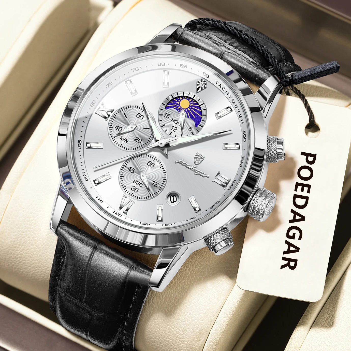 POEDAGAR Original Business Men's Wristwatch Chronograph Date Luminous Waterproof Man Watch Leather Luxury Quartz Watches For Men