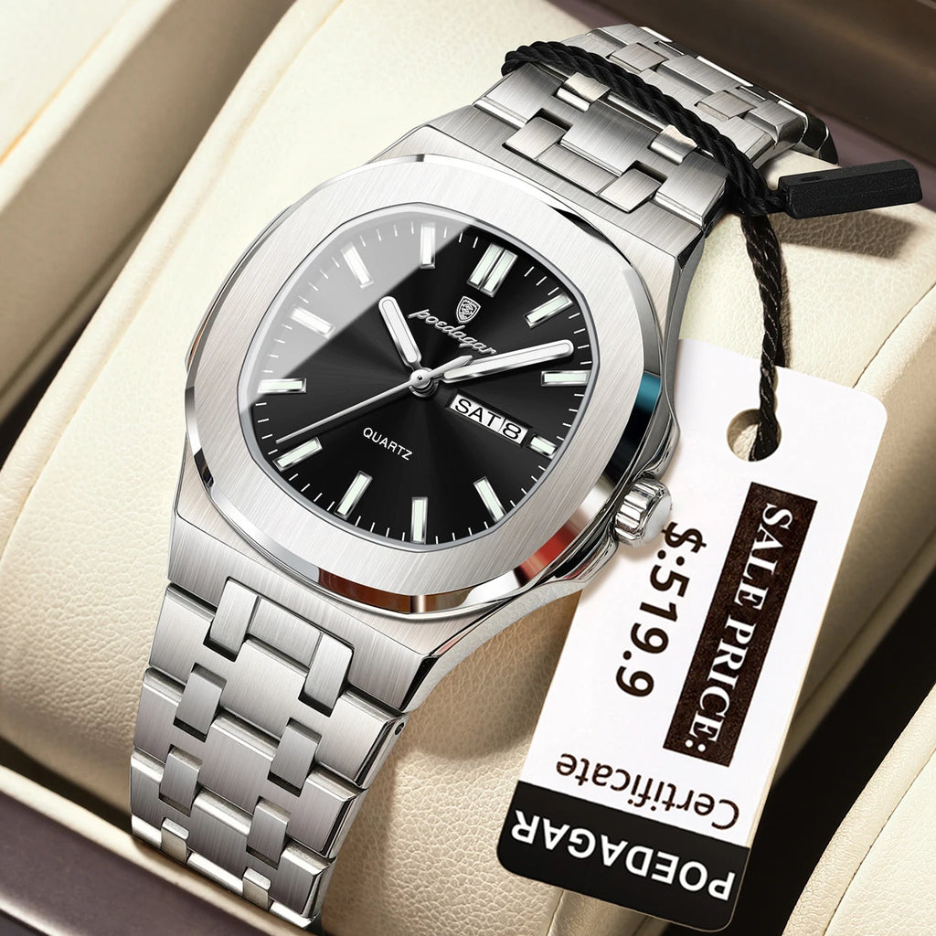 POEDAGAR Top Original Watch For Woman Luminous Date Week Square Ladies Watch Stainless Steel Quartz Women's Watches Female Reloj