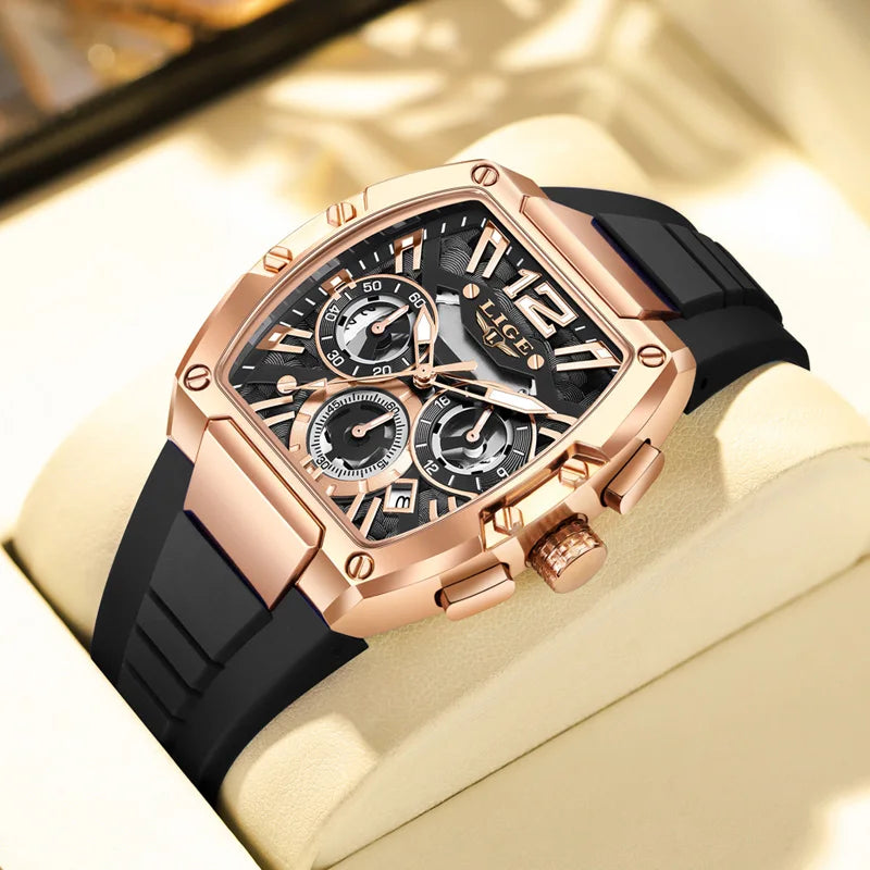 LIGE Sports Man Watch Tonnea Hollow Design Quartz Men Wristwatches Chronograph Waterproof Luminous Silicone Strap Watches Male