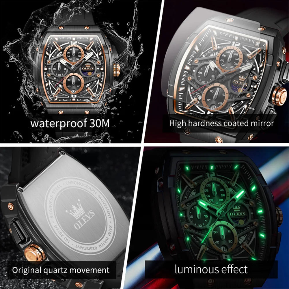 OLEVS 2975 New Mens Watch Quartz Watch ﻿Multifunctional Chronograph Waterproof Luminous Watches Moon Phase Silicone Strap Reloj