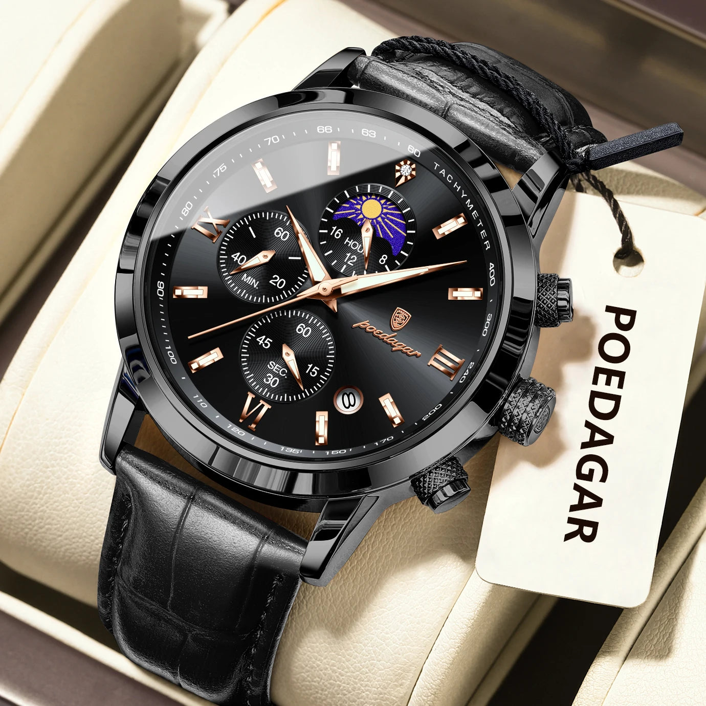 POEDAGAR Original Business Men's Wristwatch Chronograph Date Luminous Waterproof Man Watch Leather Luxury Quartz Watches For Men