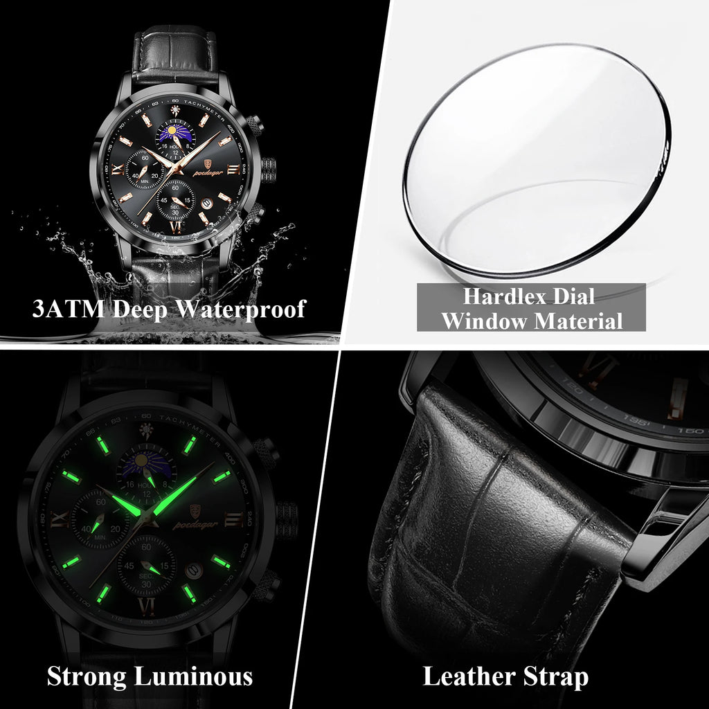 POEDAGAR Original Business Men's Wristwatch Chronograph Date Luminous Waterproof Man Watch Leather Luxury Quartz Watches For Men