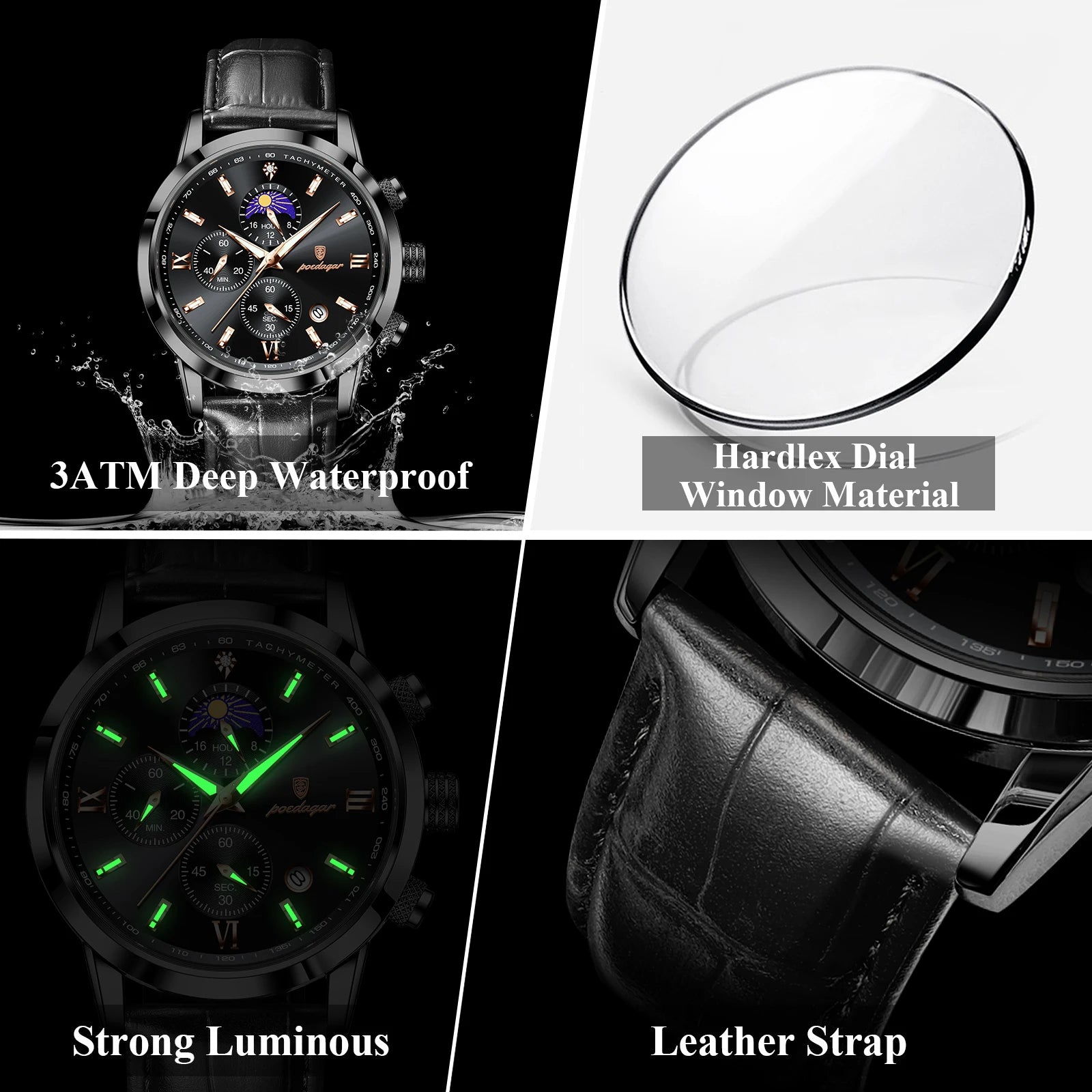 POEDAGAR Original Business Men's Wristwatch Chronograph Date Luminous Waterproof Man Watch Leather Luxury Quartz Watches For Men