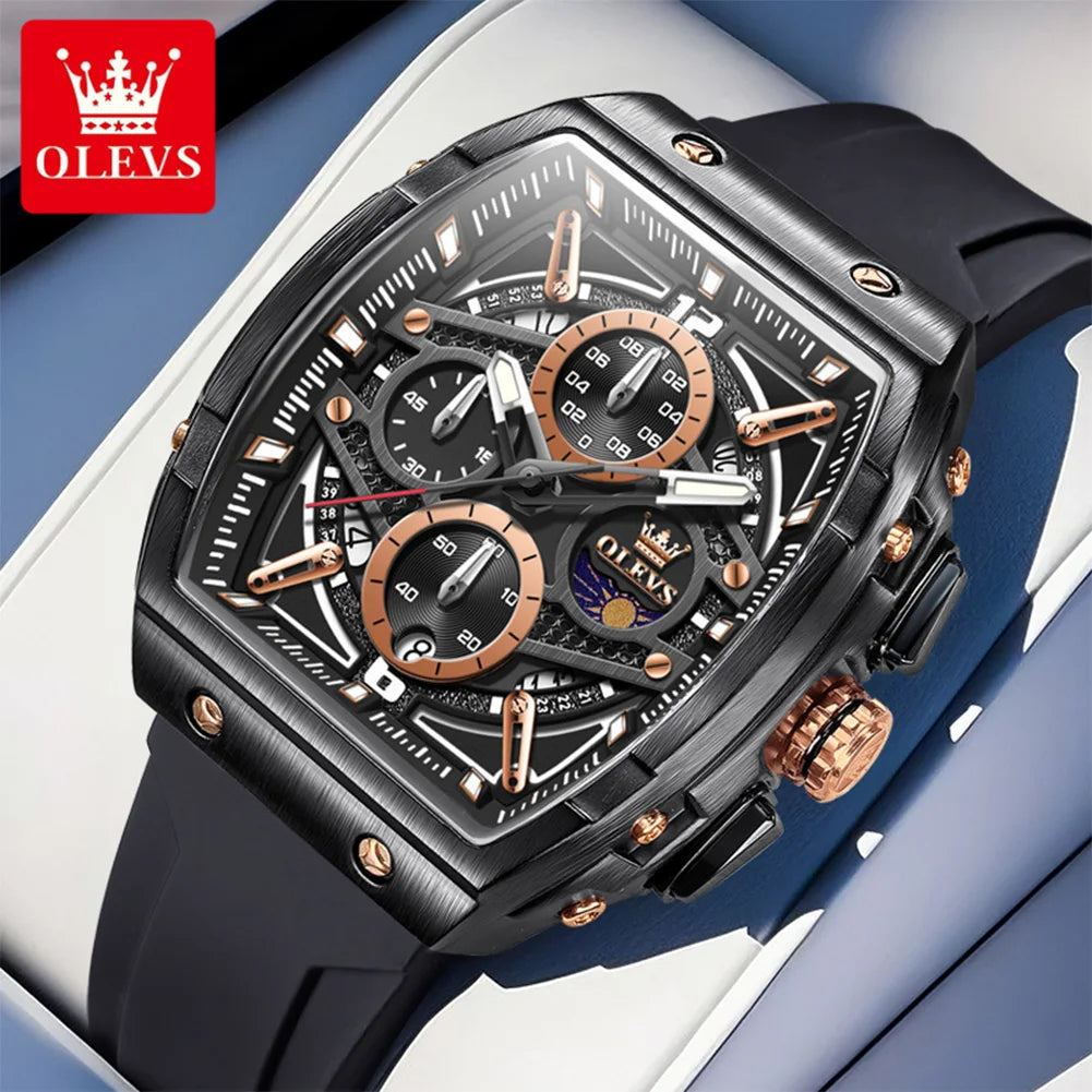 OLEVS 2975 New Mens Watch Quartz Watch ﻿Multifunctional Chronograph Waterproof Luminous Watches Moon Phase Silicone Strap Reloj