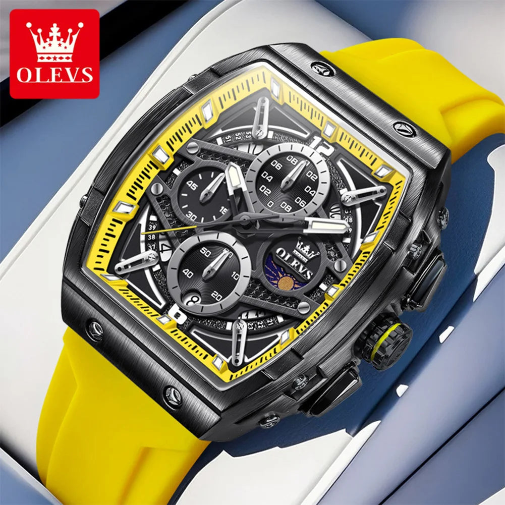 OLEVS 2975 New Mens Watch Quartz Watch ﻿Multifunctional Chronograph Waterproof Luminous Watches Moon Phase Silicone Strap Reloj