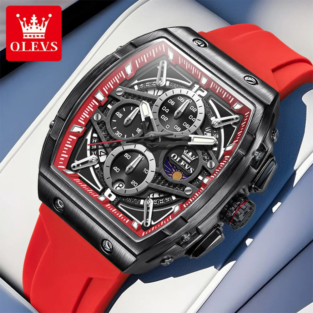 OLEVS 2975 New Mens Watch Quartz Watch ﻿Multifunctional Chronograph Waterproof Luminous Watches Moon Phase Silicone Strap Reloj