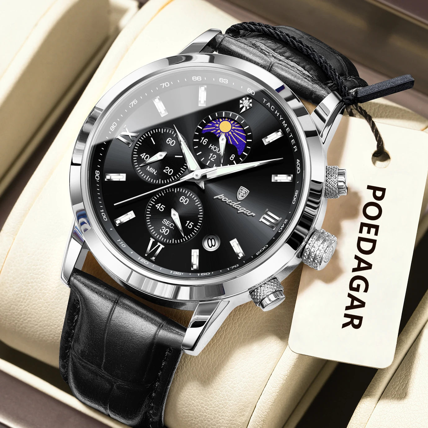 POEDAGAR Original Business Men's Wristwatch Chronograph Date Luminous Waterproof Man Watch Leather Luxury Quartz Watches For Men