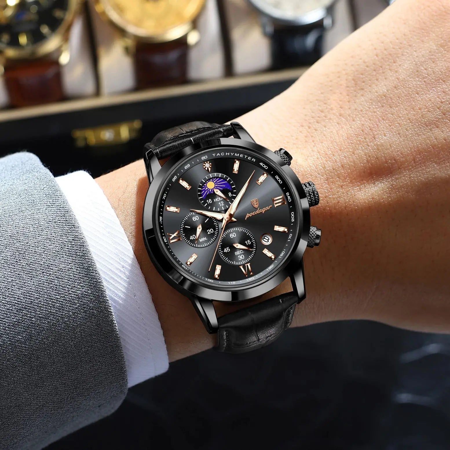 POEDAGAR Original Business Men's Wristwatch Chronograph Date Luminous Waterproof Man Watch Leather Luxury Quartz Watches For Men