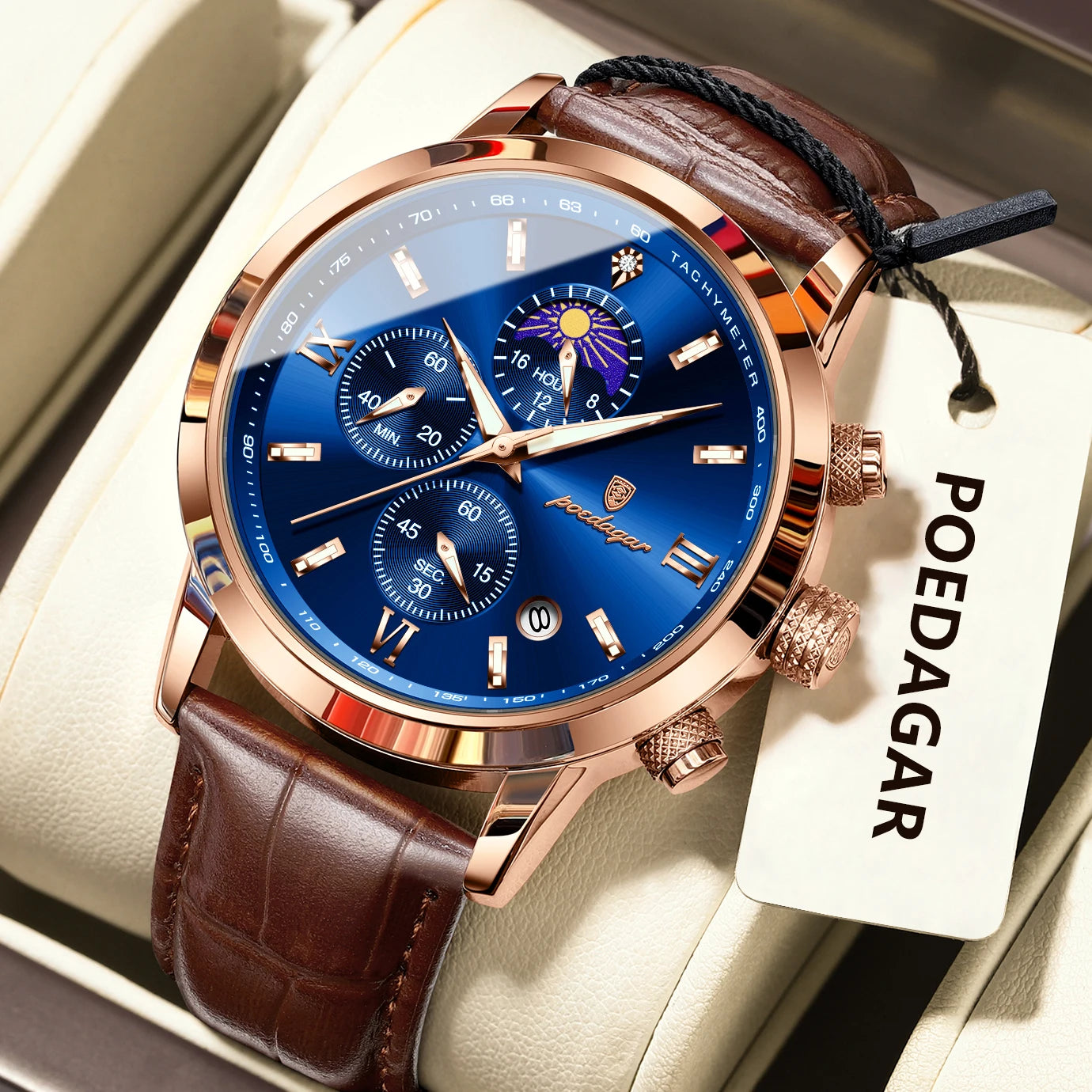 POEDAGAR Original Business Men's Wristwatch Chronograph Date Luminous Waterproof Man Watch Leather Luxury Quartz Watches For Men