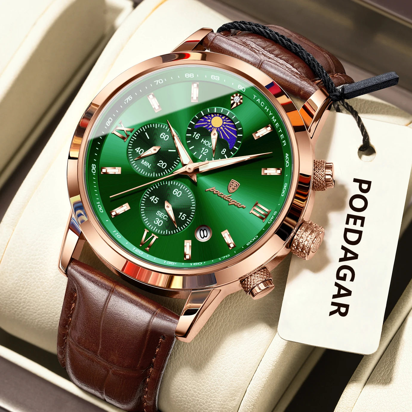 POEDAGAR Original Business Men's Wristwatch Chronograph Date Luminous Waterproof Man Watch Leather Luxury Quartz Watches For Men