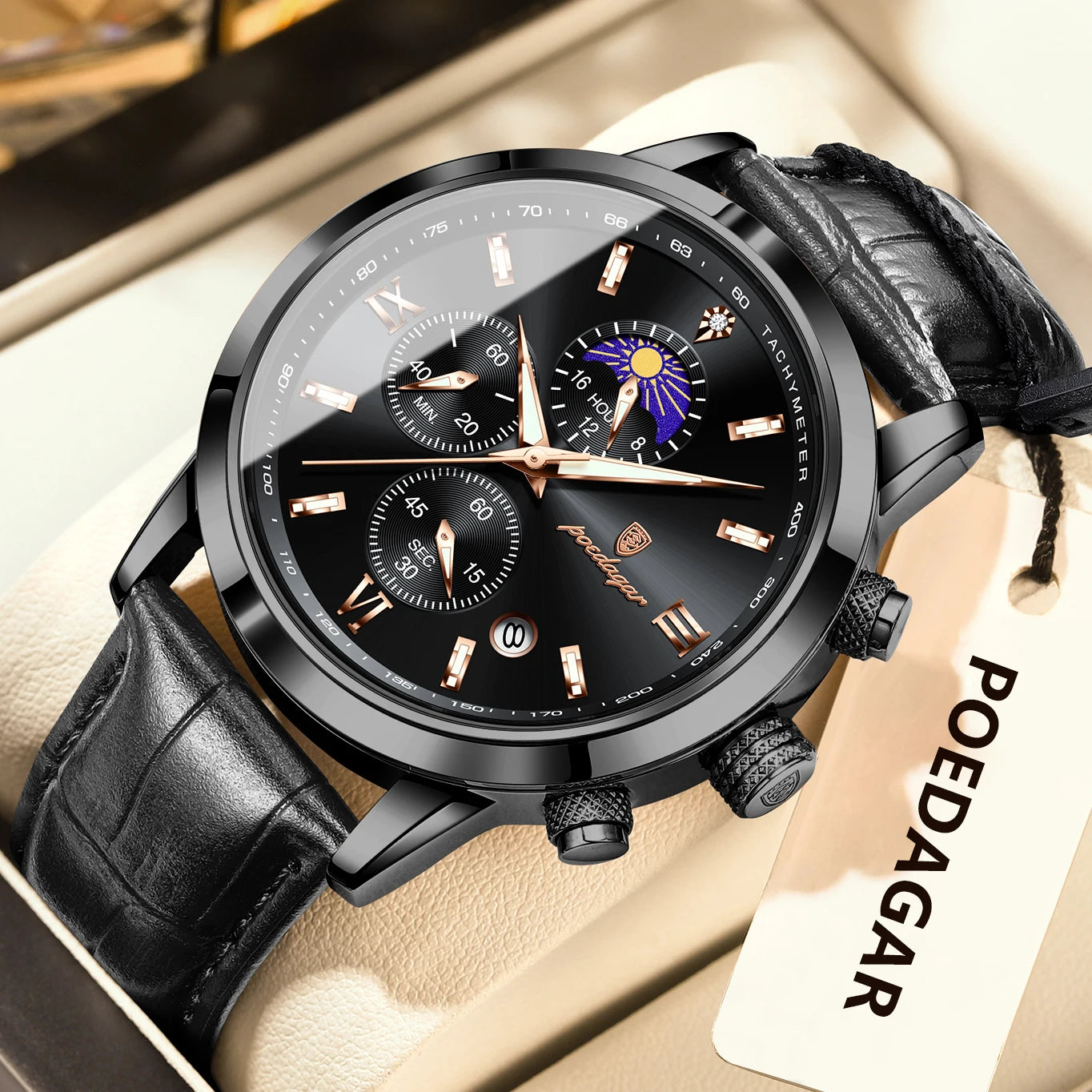 POEDAGAR Original Business Men's Wristwatch Chronograph Date Luminous Waterproof Man Watch Leather Luxury Quartz Watches For Men