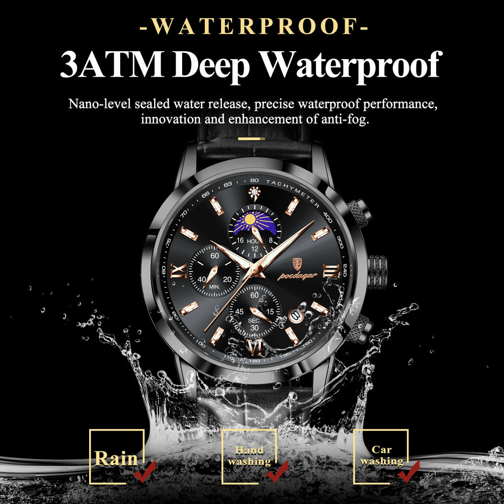 POEDAGAR Original Business Men's Wristwatch Chronograph Date Luminous Waterproof Man Watch Leather Luxury Quartz Watches For Men