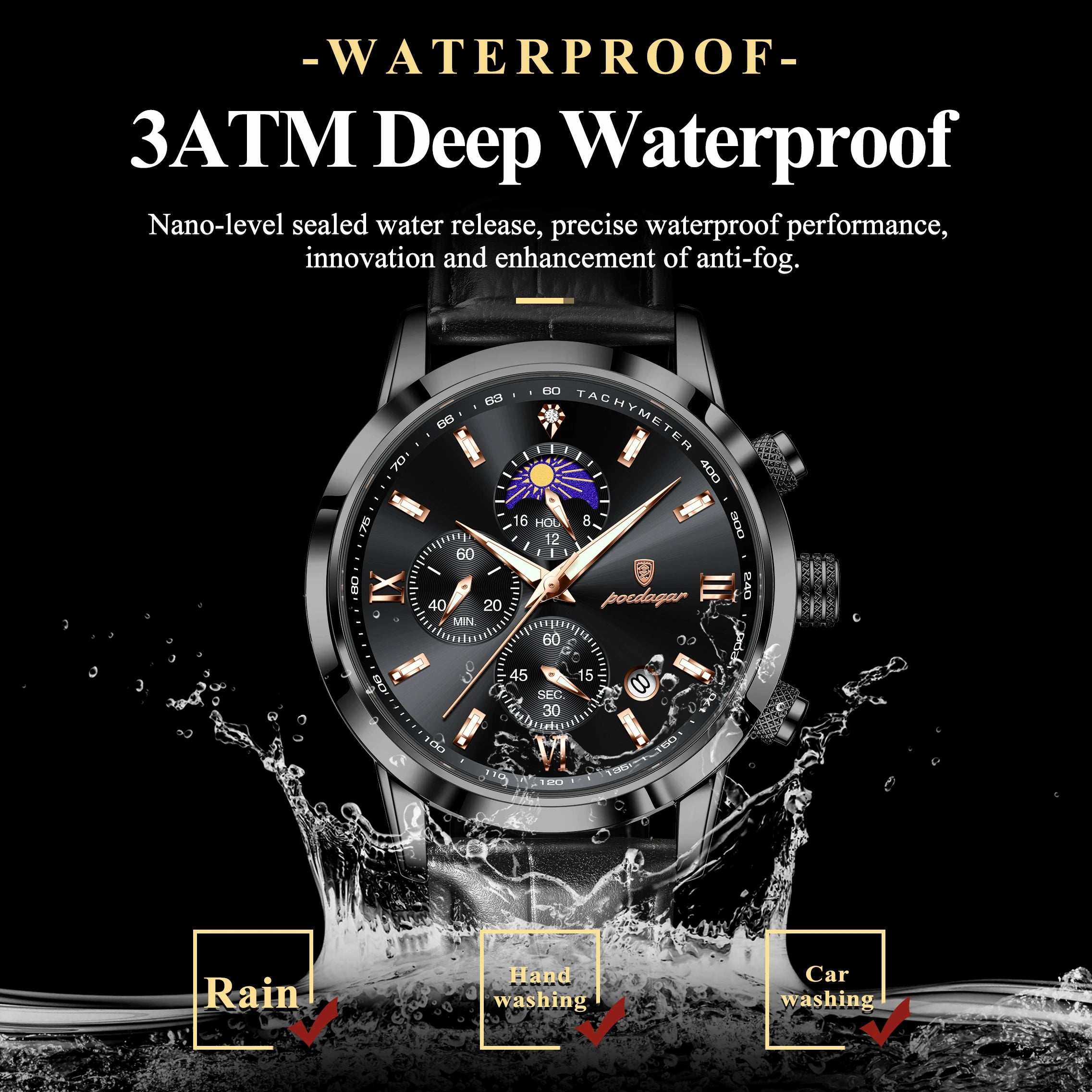 POEDAGAR Original Business Men's Wristwatch Chronograph Date Luminous Waterproof Man Watch Leather Luxury Quartz Watches For Men