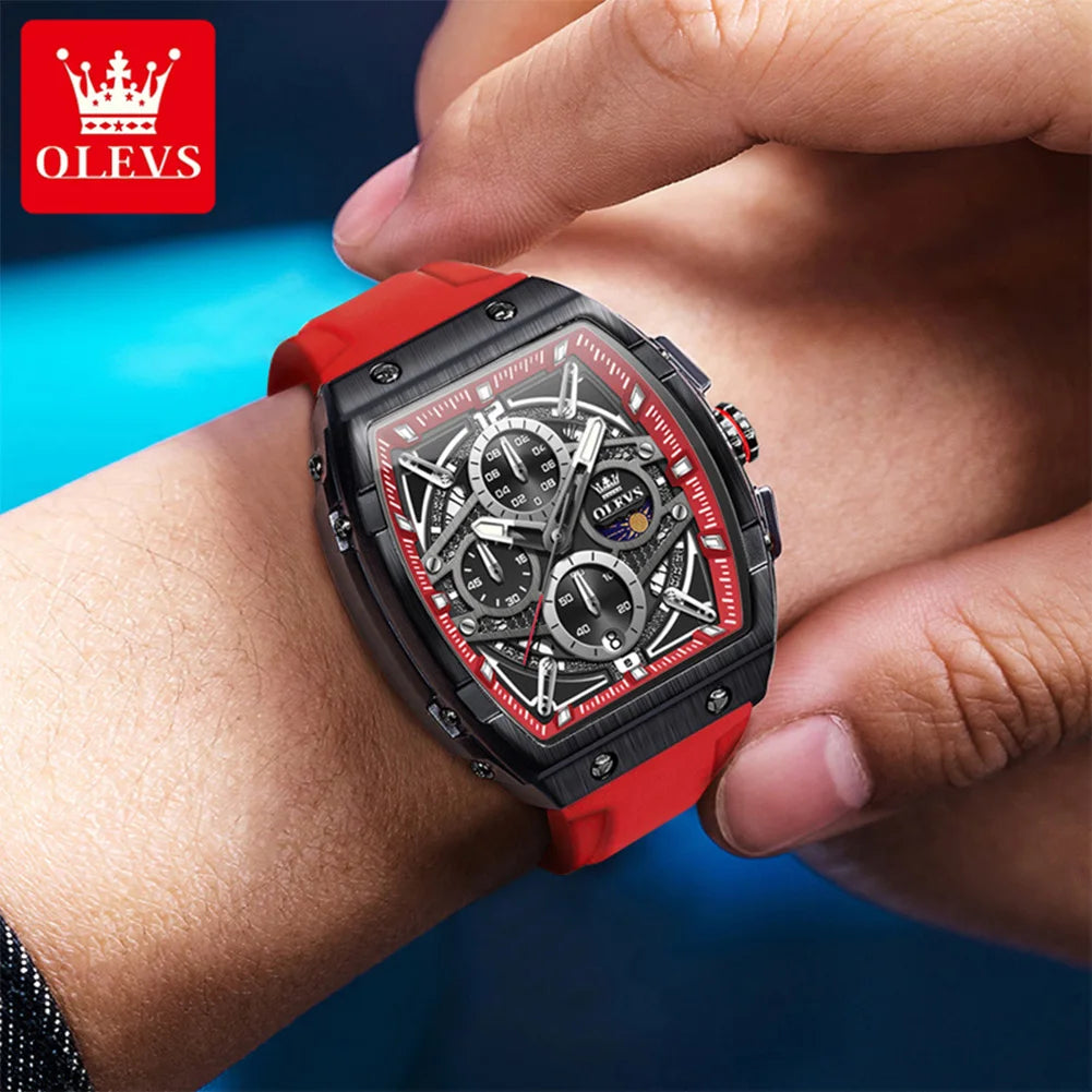 OLEVS 2975 New Mens Watch Quartz Watch ﻿Multifunctional Chronograph Waterproof Luminous Watches Moon Phase Silicone Strap Reloj