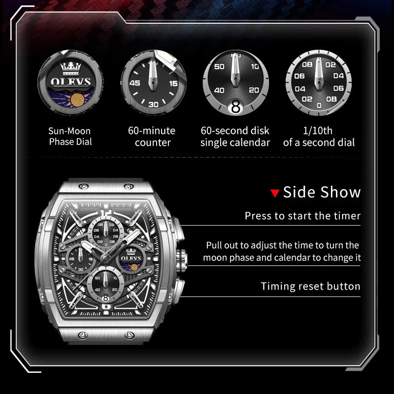 OLEVS 2975 New Mens Watch Quartz Watch ﻿Multifunctional Chronograph Waterproof Luminous Watches Moon Phase Silicone Strap Reloj