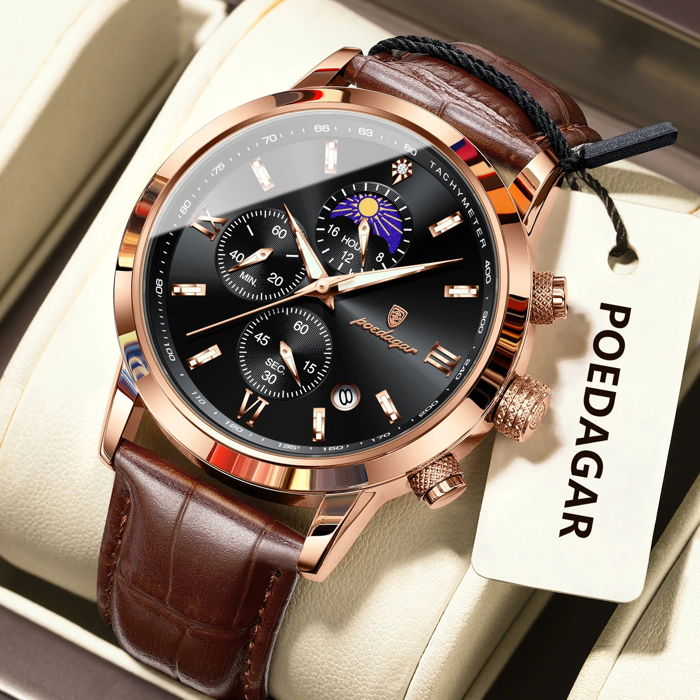 POEDAGAR Original Business Men's Wristwatch Chronograph Date Luminous Waterproof Man Watch Leather Luxury Quartz Watches For Men