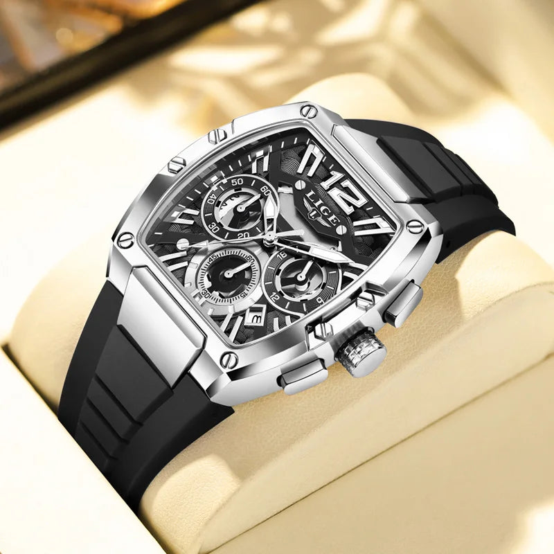 LIGE Sports Man Watch Tonnea Hollow Design Quartz Men Wristwatches Chronograph Waterproof Luminous Silicone Strap Watches Male