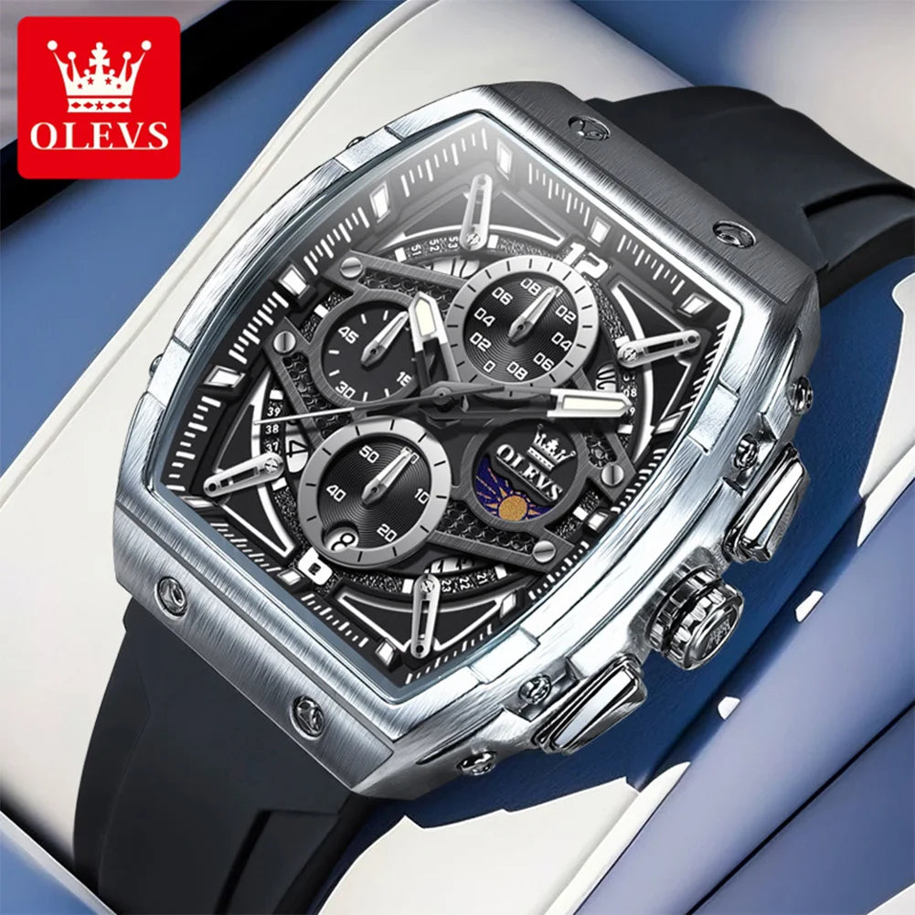 OLEVS 2975 New Mens Watch Quartz Watch ﻿Multifunctional Chronograph Waterproof Luminous Watches Moon Phase Silicone Strap Reloj