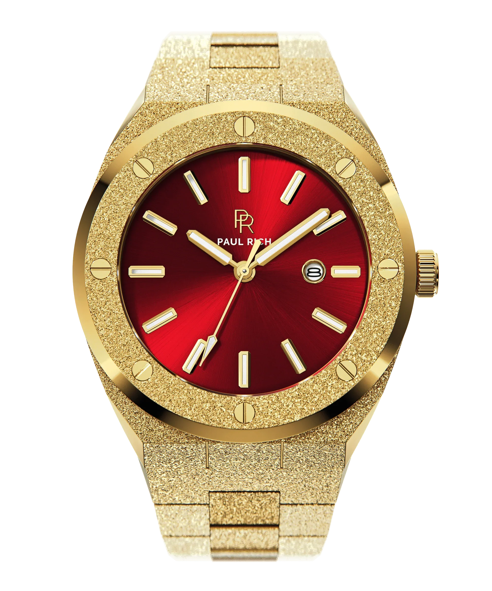 Paul Rich watch with round frosted gold case and bracelet, metallic red sunray dial, gold hour markers, and date window, shown on transparent background.