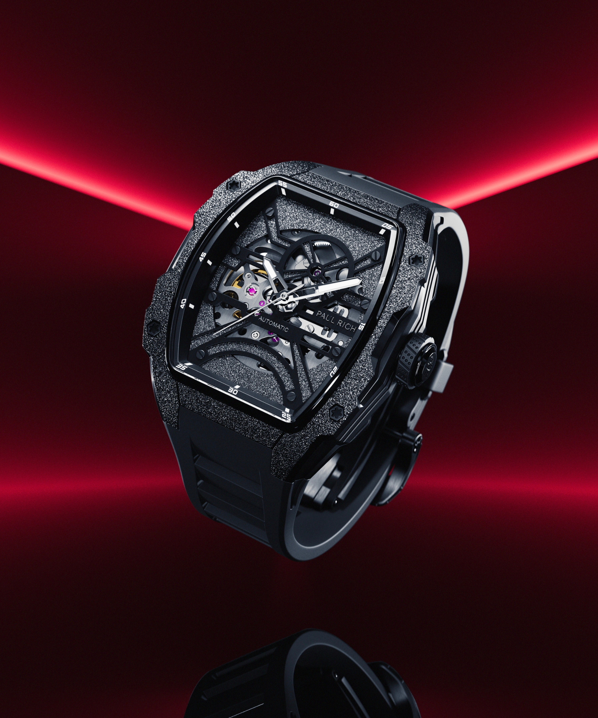 Paul Rich watch with frosted black tonneau case and skeleton dial, floating against a dark red gradient background with light red light beams.
