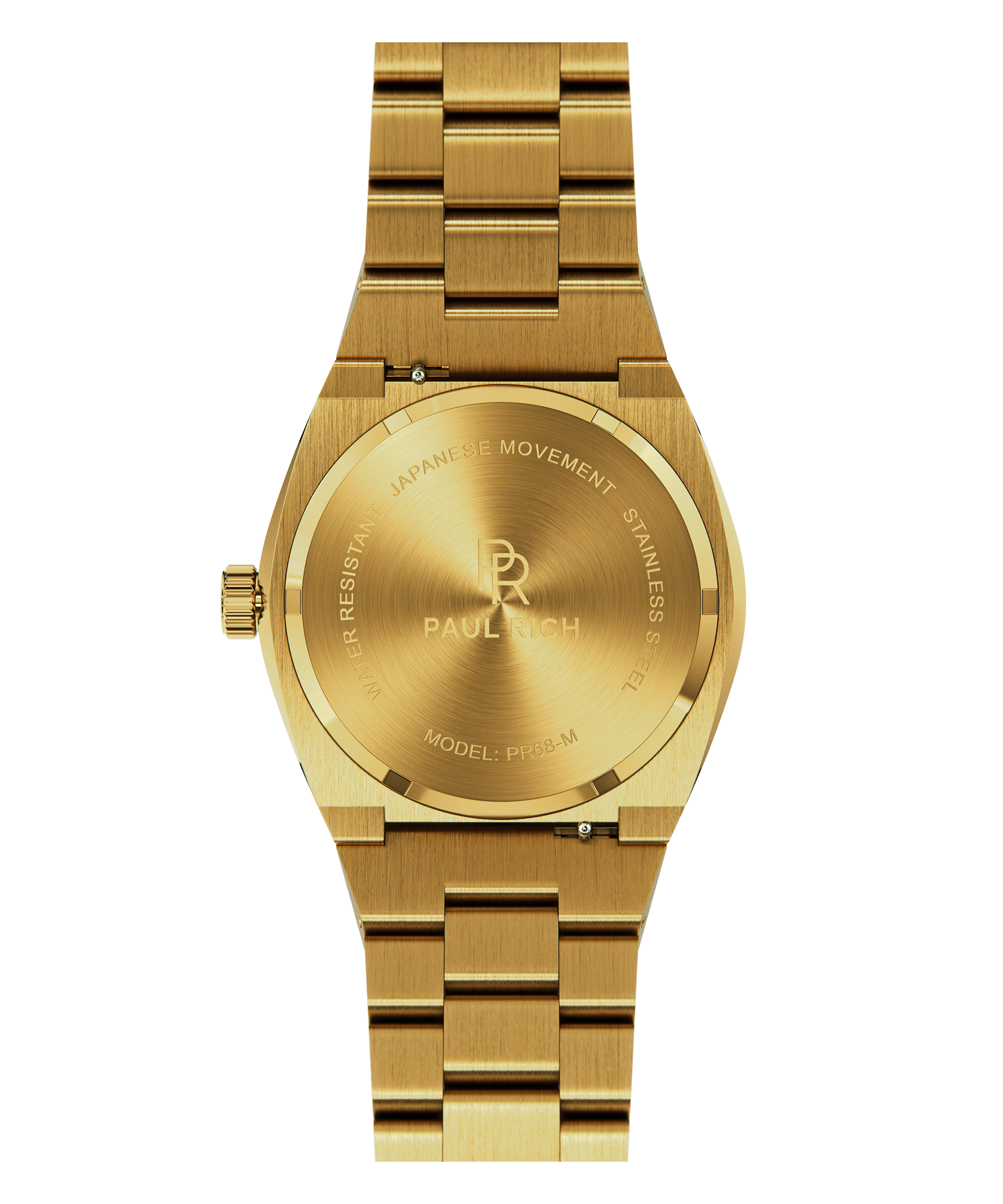 Back of Paul Rich watch with brushed gold stainless steel case and bracelet, showing engraved PR logo and text including “MODEL: PR68-M” and “JAPANESE MOVEMENT.”