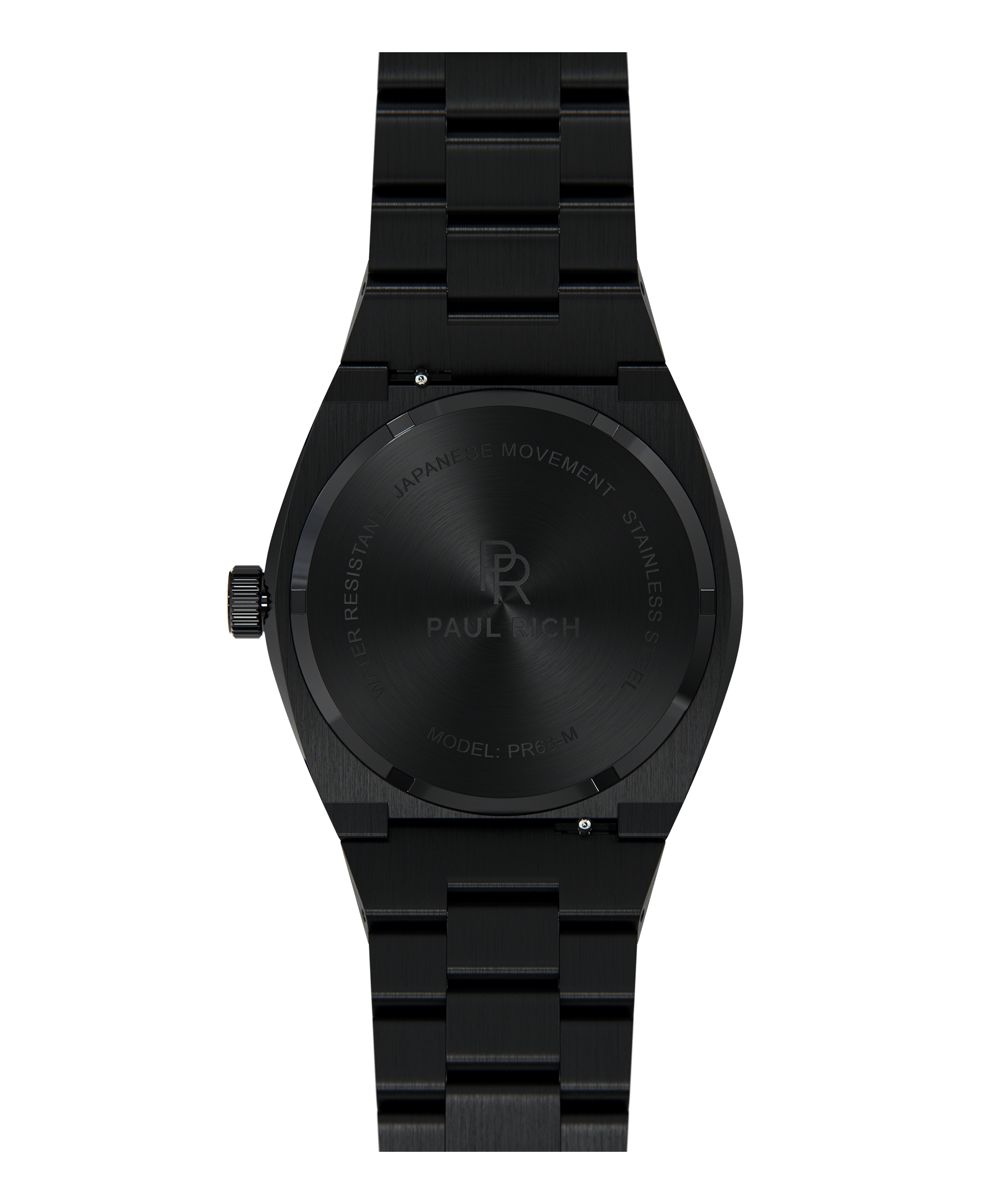 Back view of Paul Rich brushed black watch with engraved case back showing logo, model PR68-M, and Japanese movement.