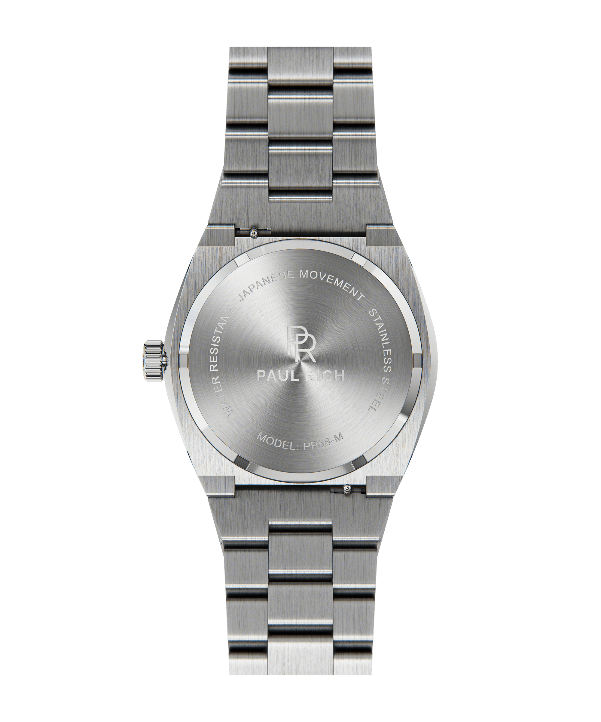 Back view of Paul Rich brushed silver watch with engraved case back showing logo, model PR68-M, and Japanese movement.