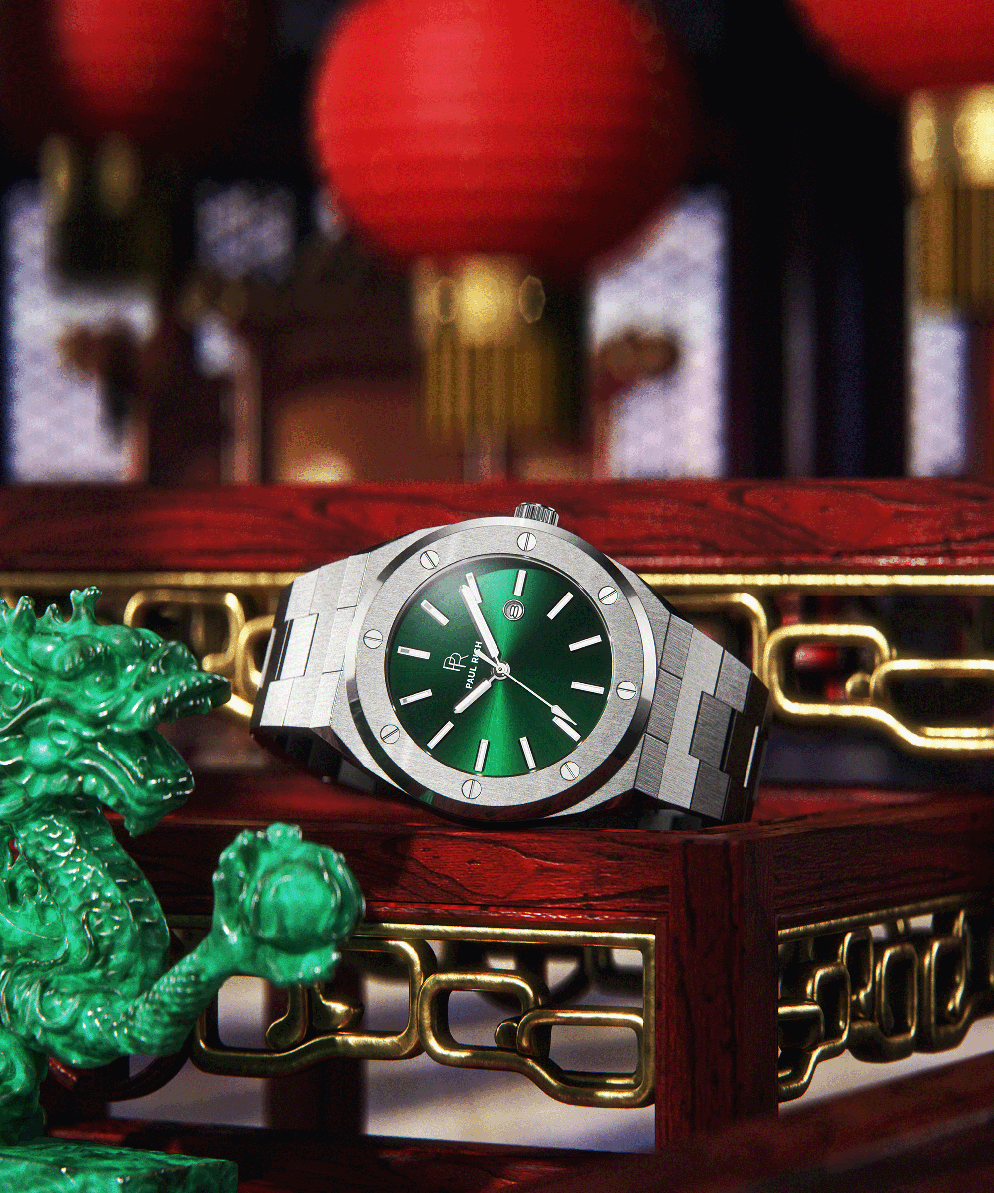 Paul Rich brushed silver watch with green sunray dial and date window, displayed on ornate red and gold railing with jade dragon statue.