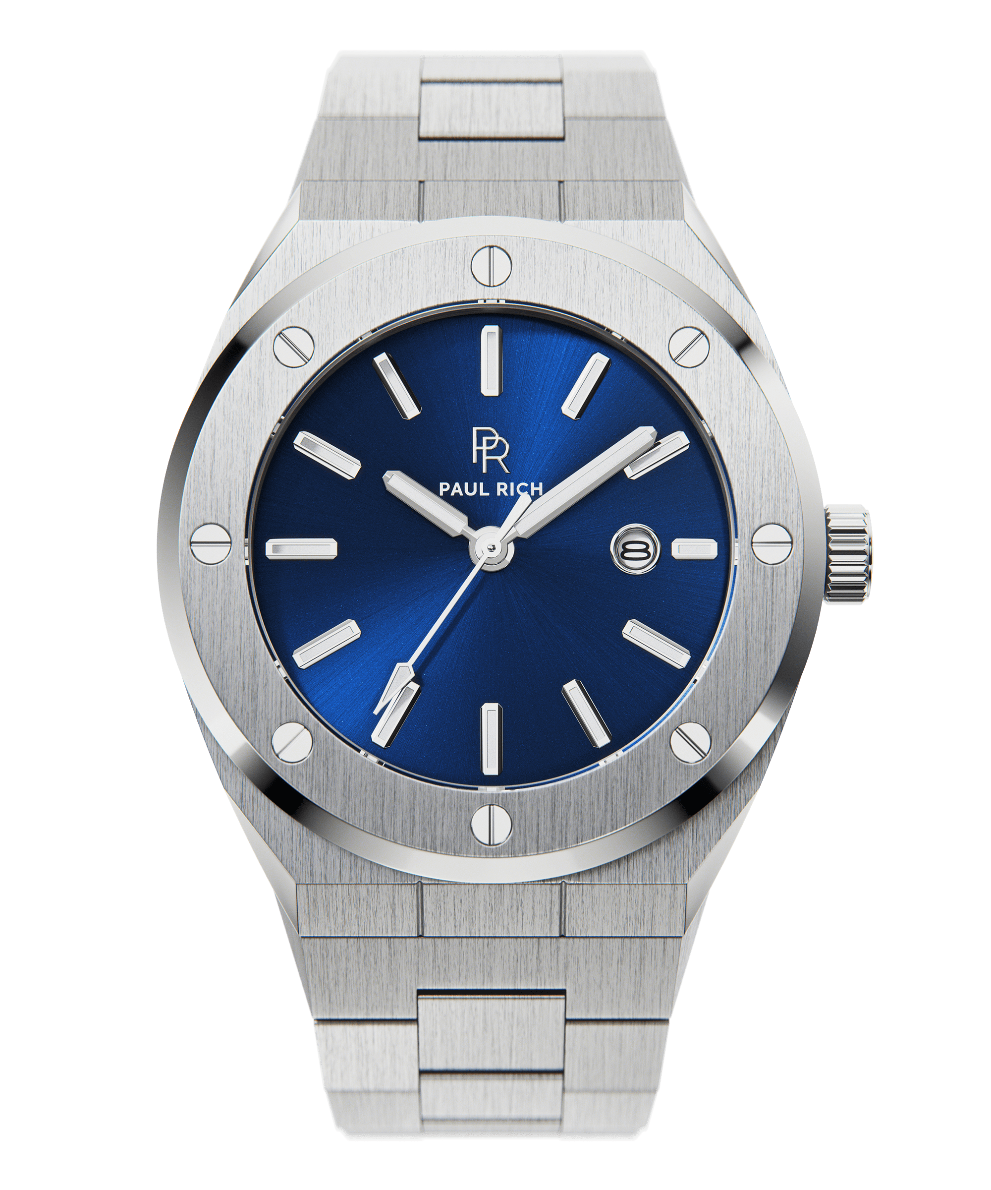 Front view of Paul Rich brushed silver watch with deep blue sunray dial, silver markers, and date window, on transparent background.
