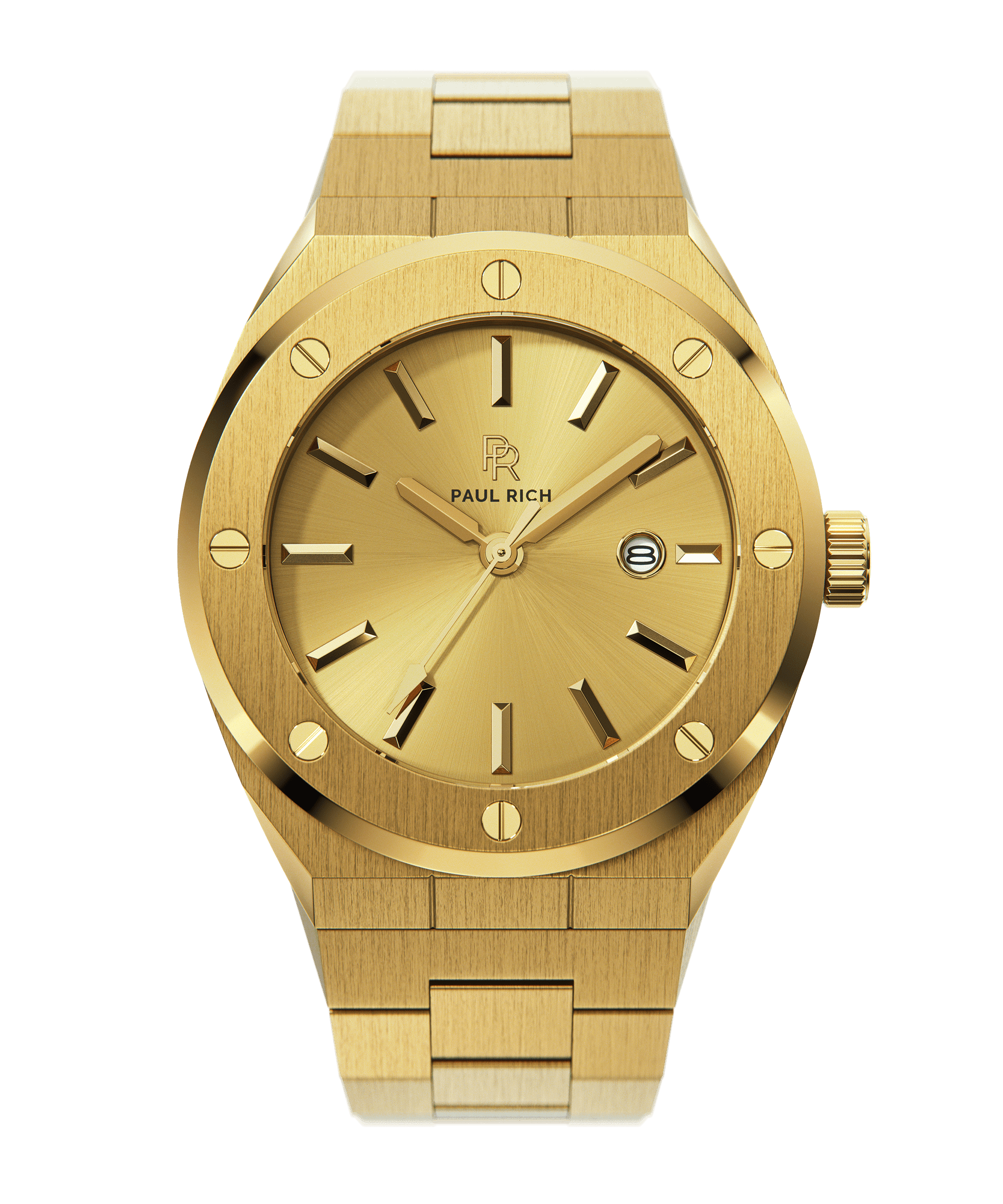 Front view of Paul Rich brushed gold watch with gold sunray dial, matching markers, and date window, on transparent background.