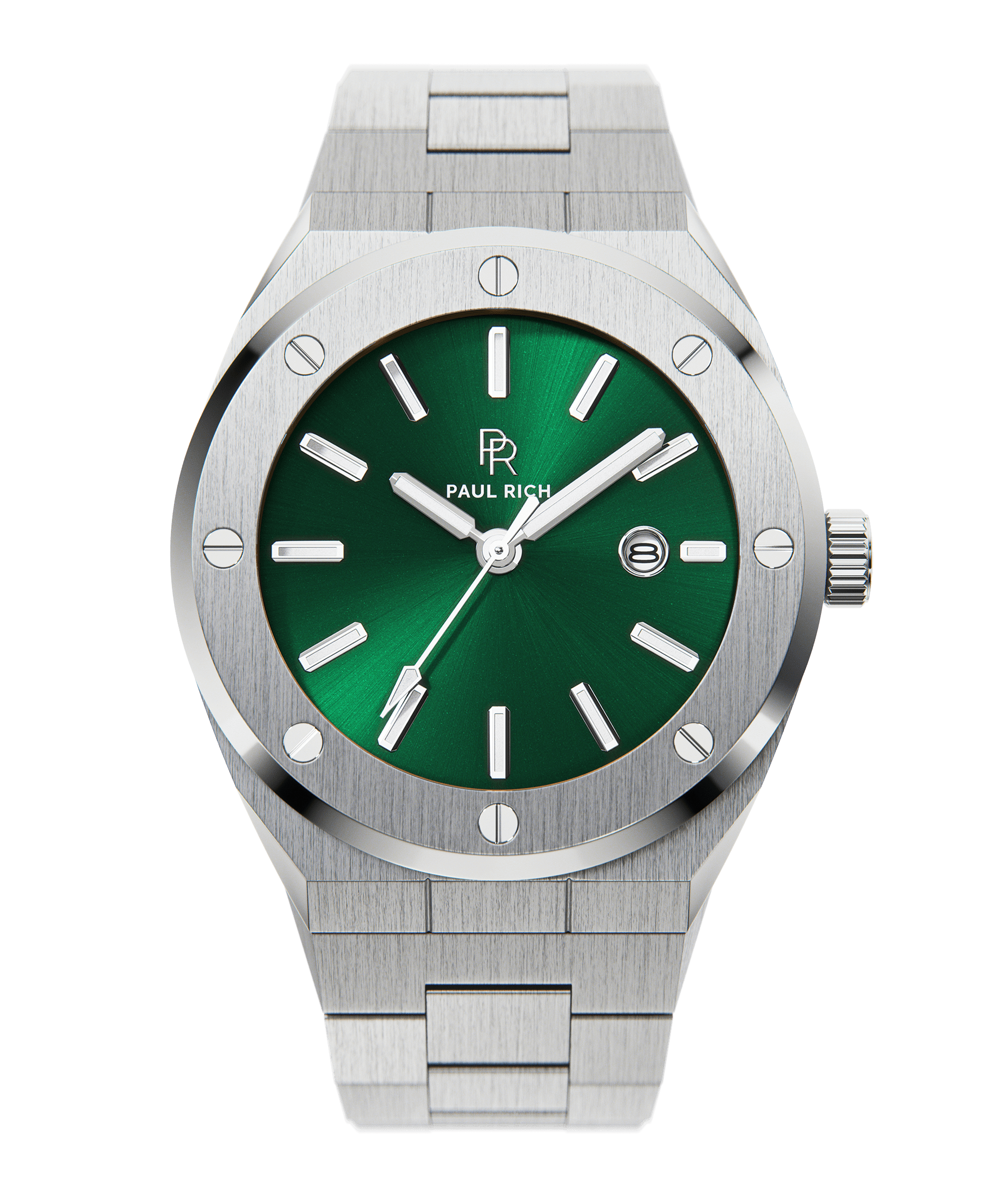 Front view of Paul Rich brushed silver watch with green sunray dial, silver markers, and date window, on transparent background.