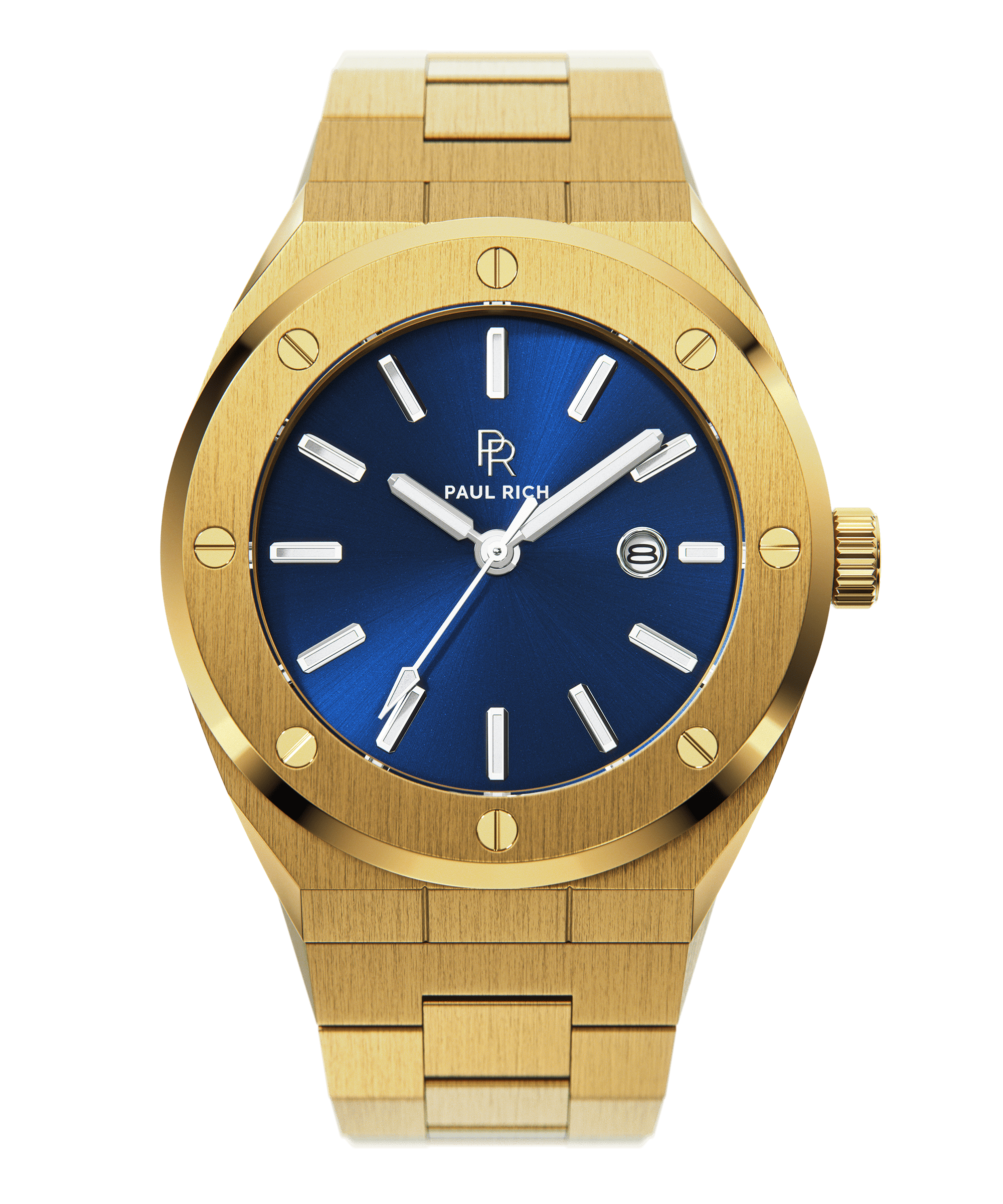 Front view of Paul Rich brushed gold watch with deep blue sunray dial, silver markers, and date window, on transparent background.