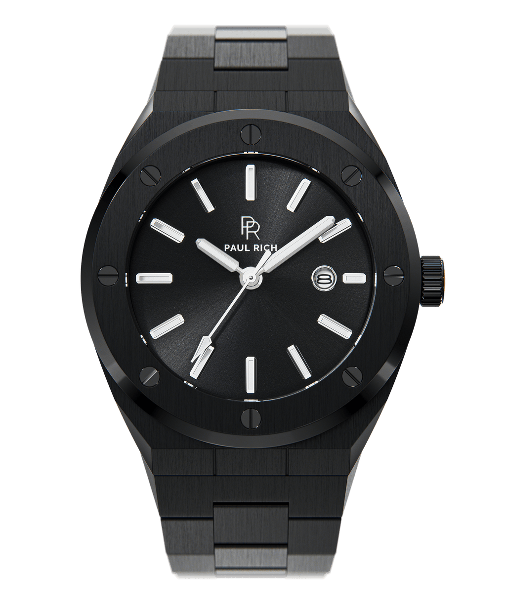 Front view of Paul Rich brushed black watch with black sunray dial, silver markers, and date window, on transparent background.