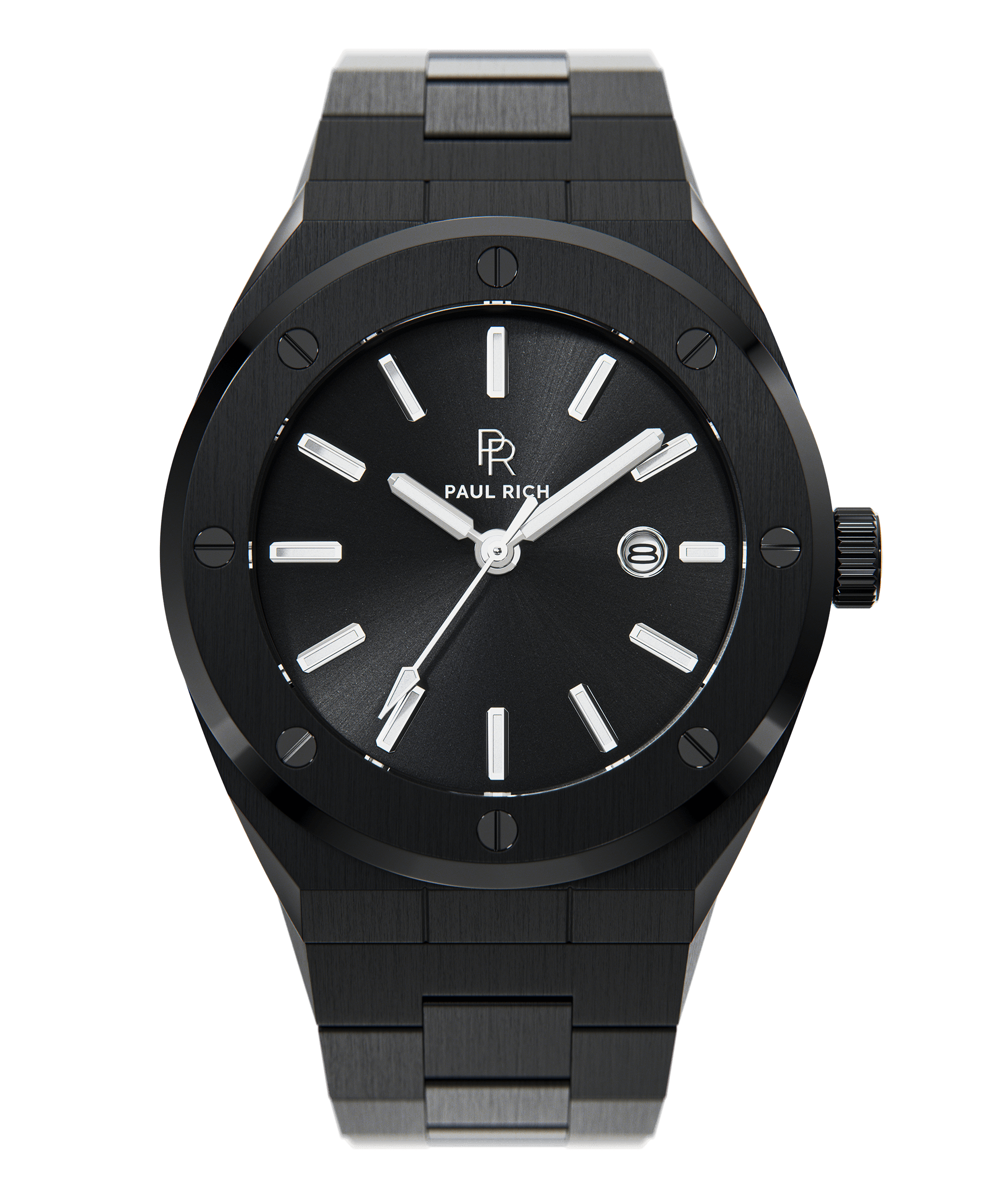 Front view of Paul Rich brushed black watch with black sunray dial, silver markers, and date window, on transparent background.