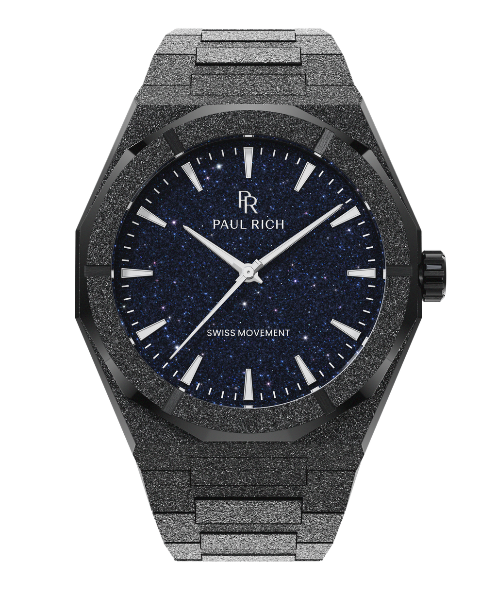 Black frosted Paul Rich watch with deep blue aventurine dial, silver hands and markers, Swiss Movement text at bottom center.