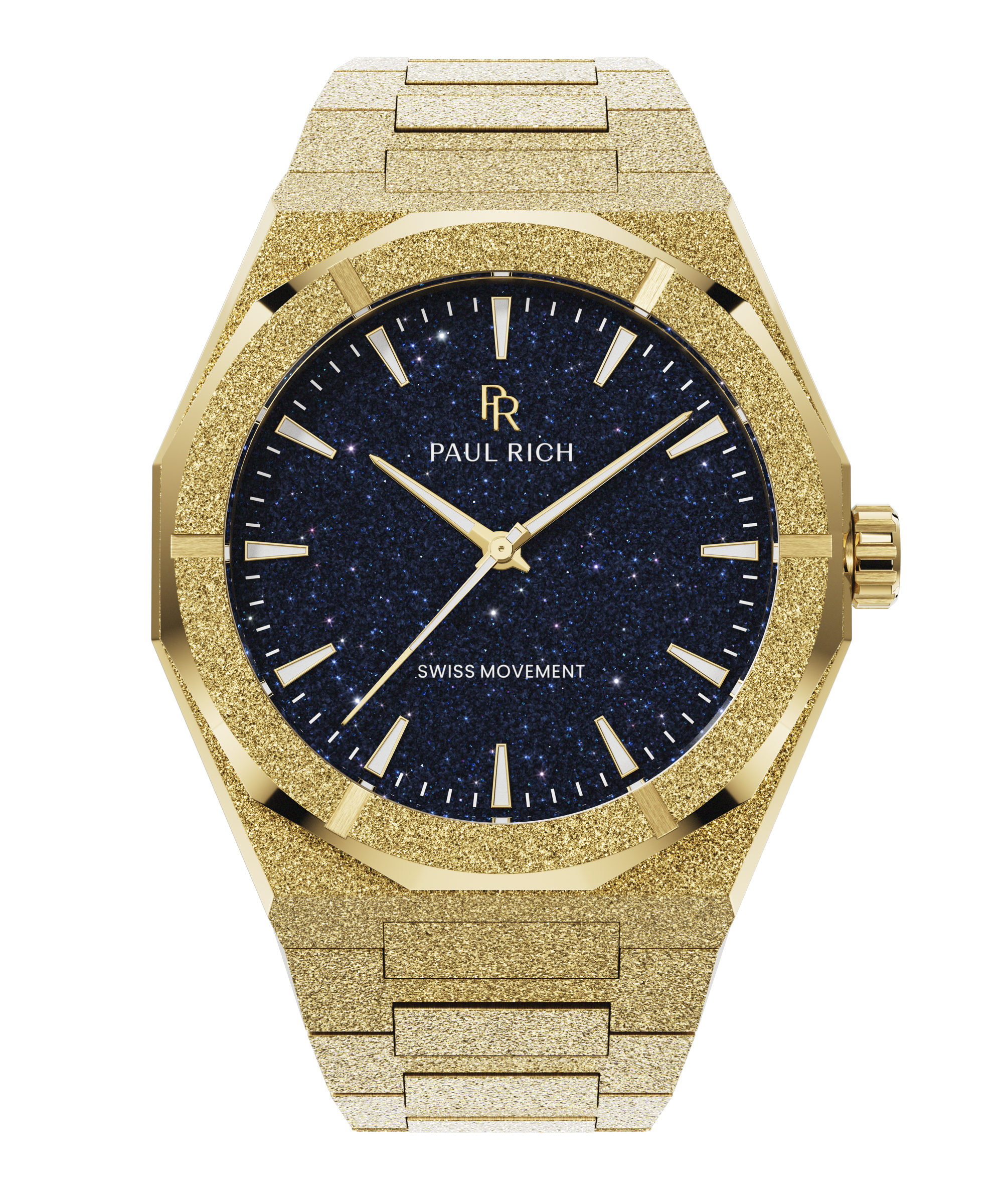 Gold frosted Paul Rich watch with deep blue aventurine dial, gold hands and markers, and “Swiss Movement” text above 6 o’clock.