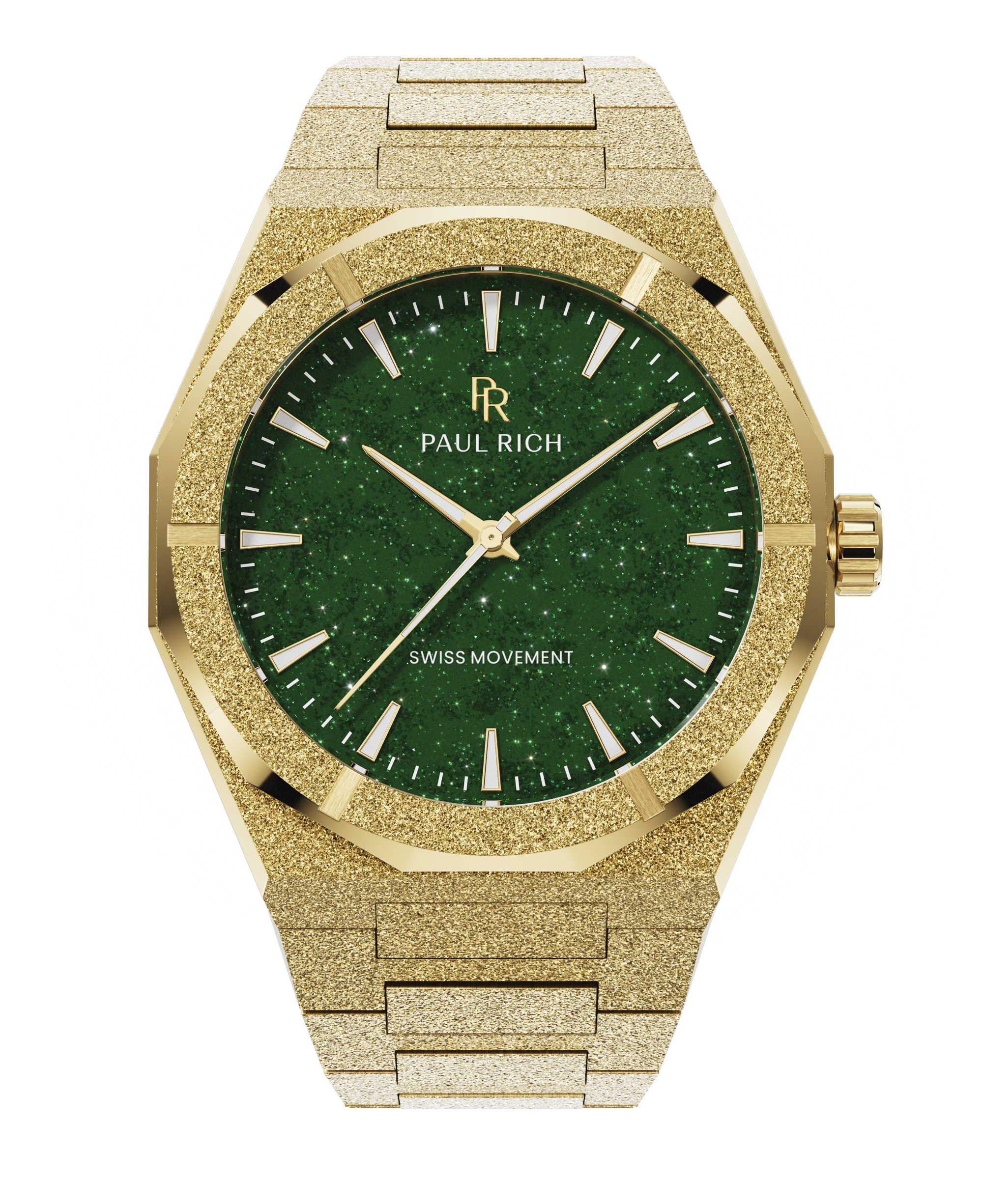 Gold frosted watch with green aventurine dial, polished gold hands and markers, Swiss movement, shown on transparent background.