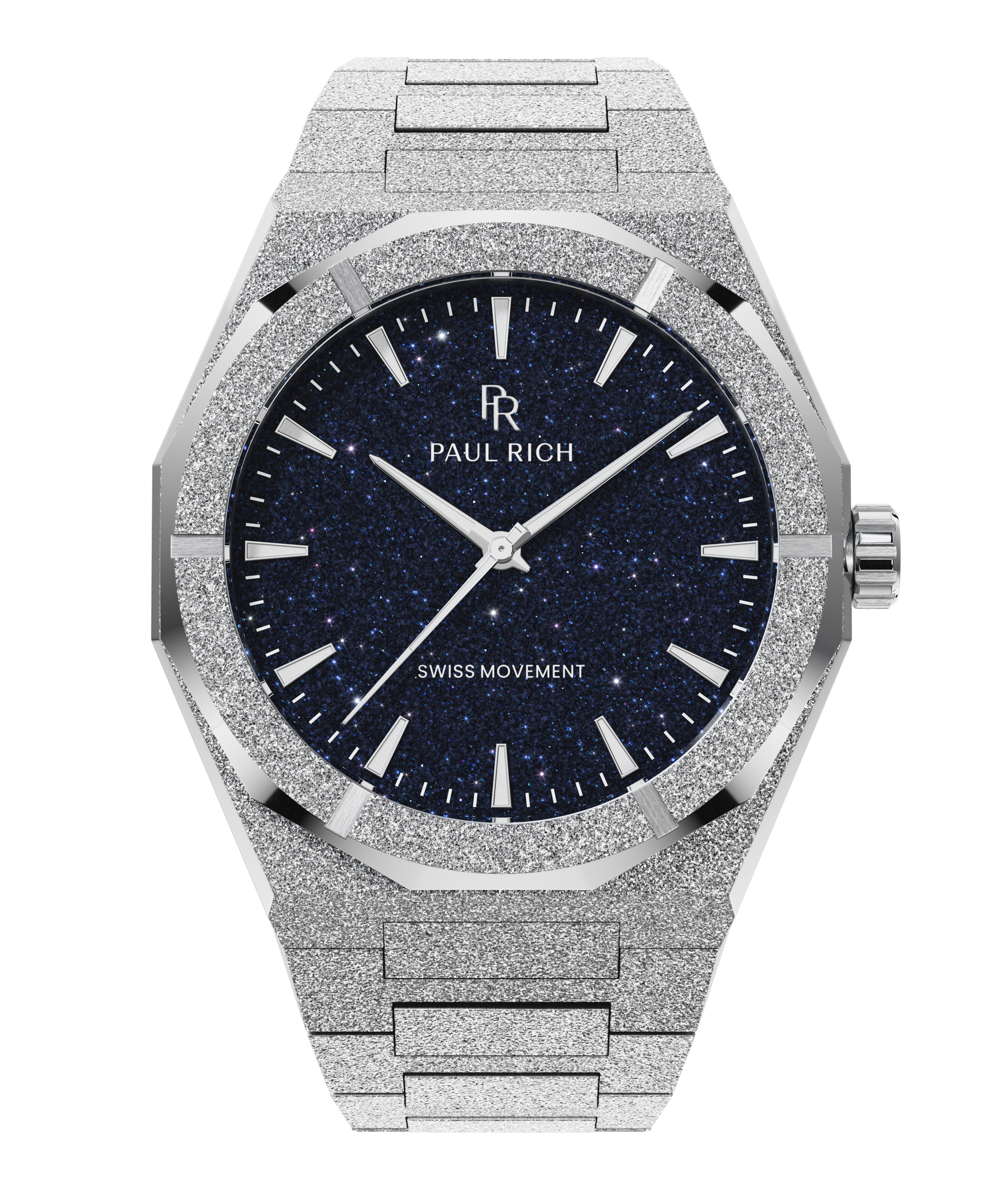 Silver frosted Paul Rich watch with deep blue aventurine dial, silver markers and hands, and “Swiss Movement” text above 6 o’clock.