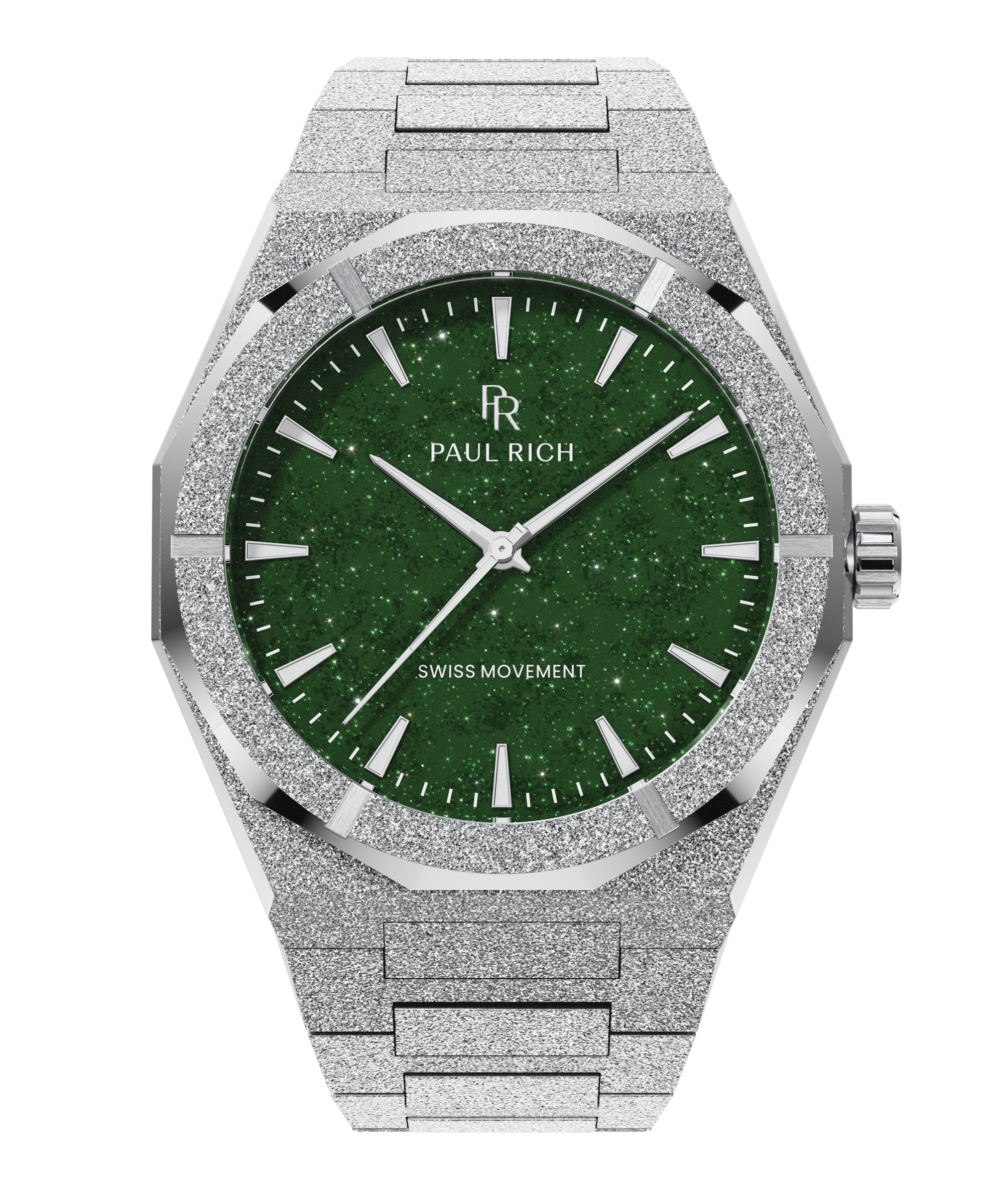 Silver frosted Paul Rich watch with green aventurine dial, silver markers and hands, labeled Swiss Movement, on transparent background.