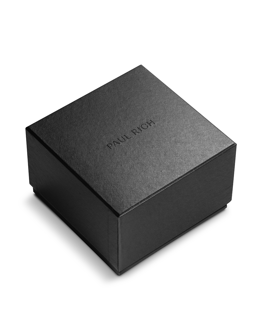Black textured Paul Rich watch box with subtle logo embossing on the lid, shown closed at a slight angle on white background.