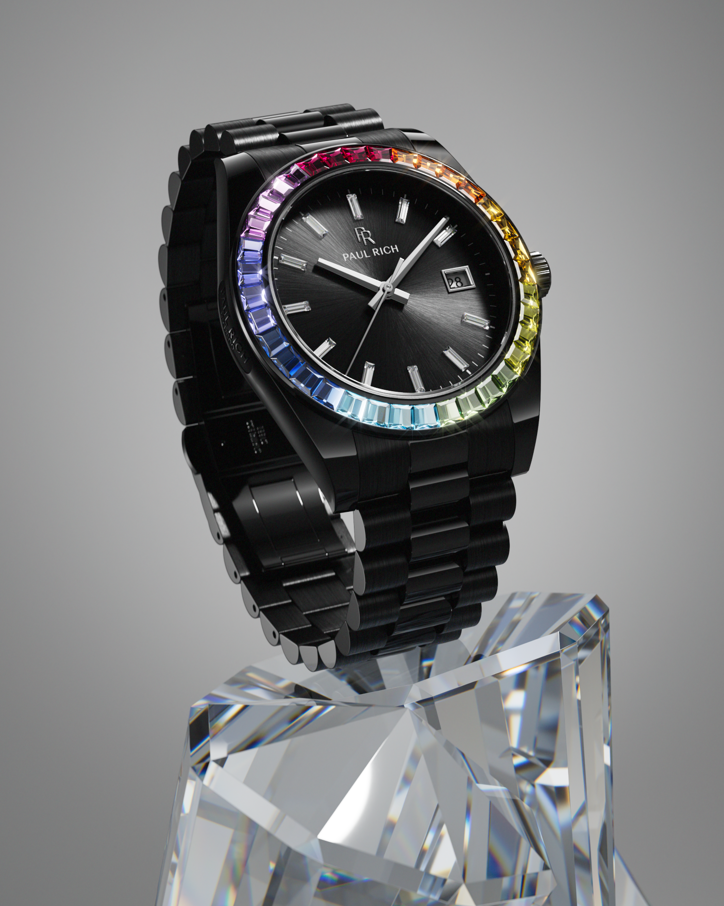 Black wristwatch with a dark sunburst dial, rainbow bezel, and black metal bracelet displayed upright on a large clear crystal pedestal.