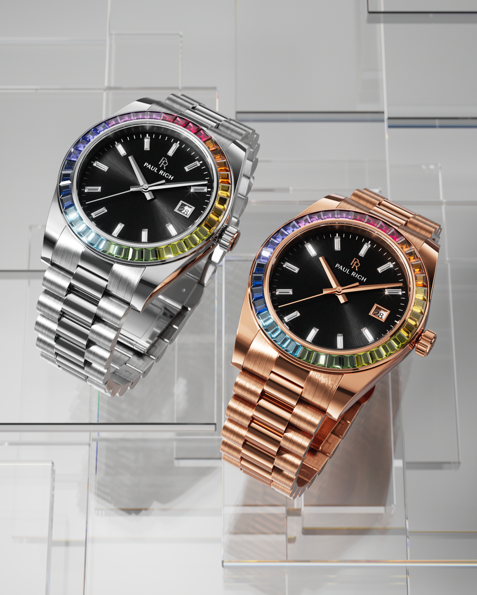 Silver and rose gold wristwatches with black dials and rainbow bezels displayed on a reflective geometric glass platform.