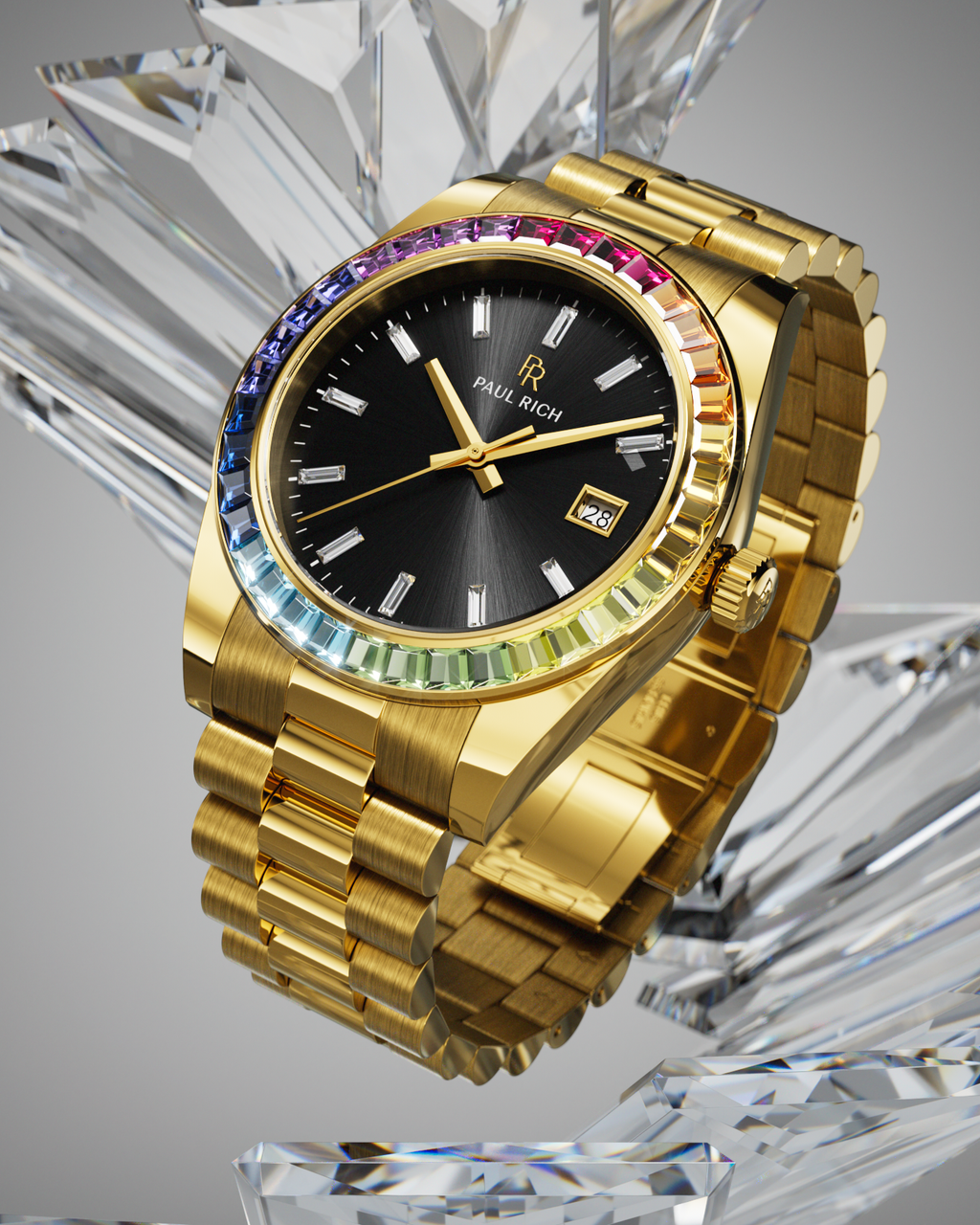 Gold wristwatch with a black sunburst dial, baguette hour markers, and rainbow bezel displayed upright on a multi-faceted clear crystal base.