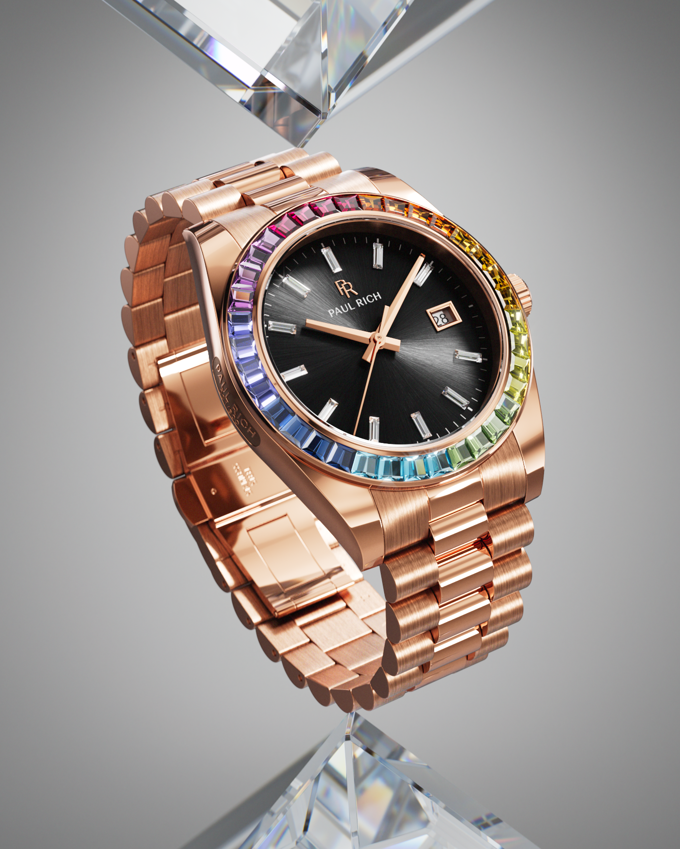 Rose gold wristwatch with a black sunburst dial, rainbow bezel, and metal bracelet displayed upright on a faceted clear crystal stand.